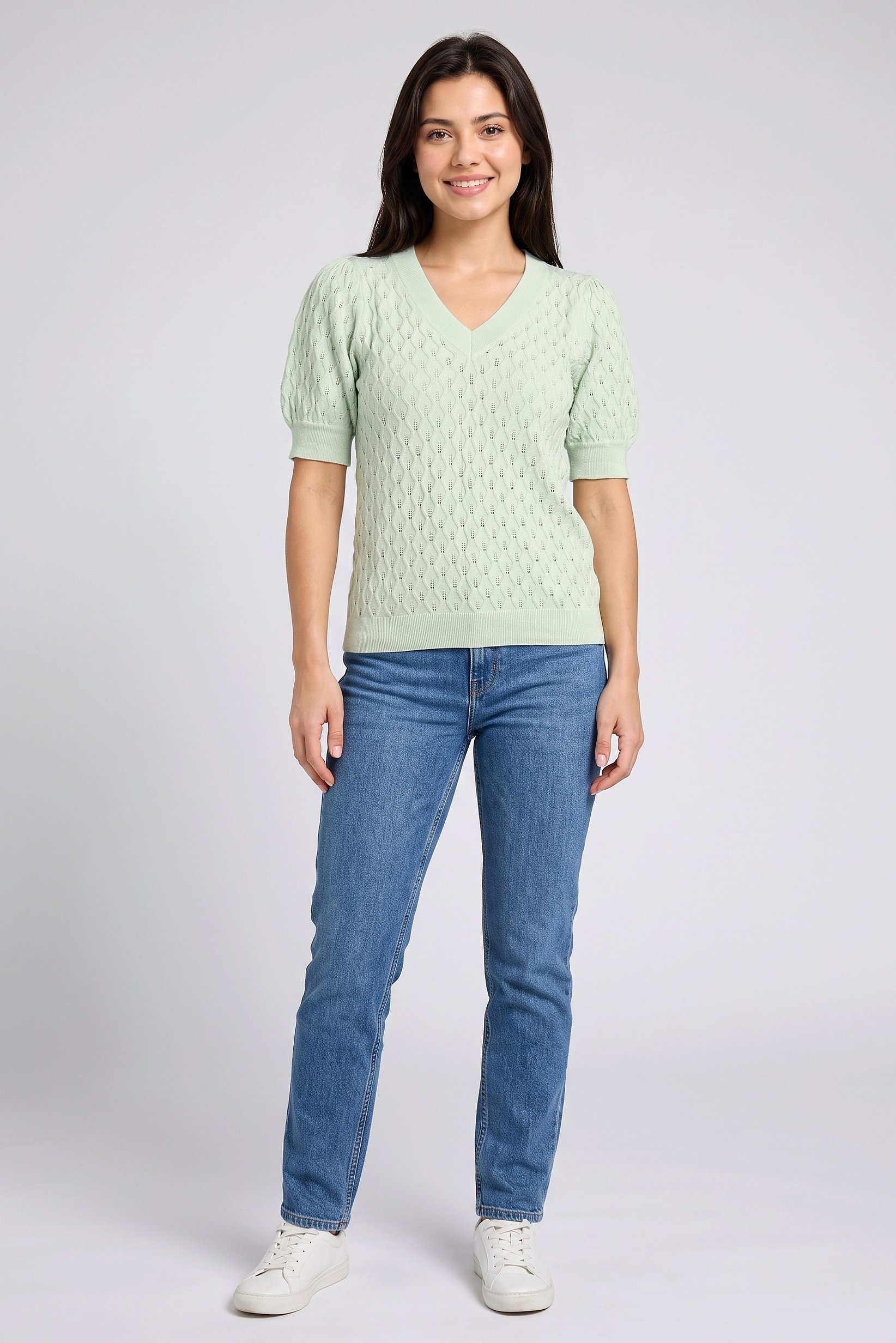 Women V Neck Short Sleeve Knitted Top, Mint Green