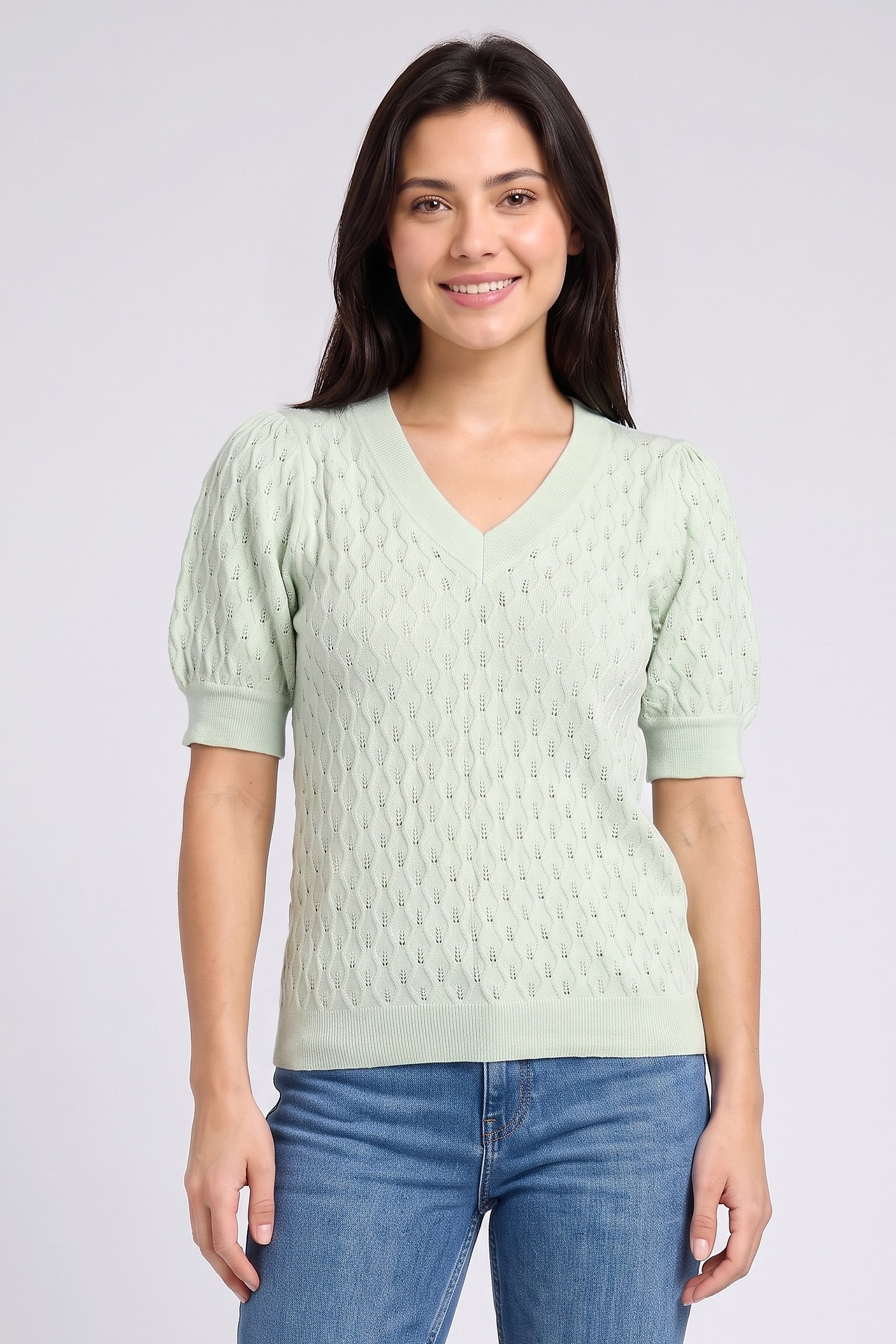 Women V Neck Short Sleeve Knitted Top, Mint Green