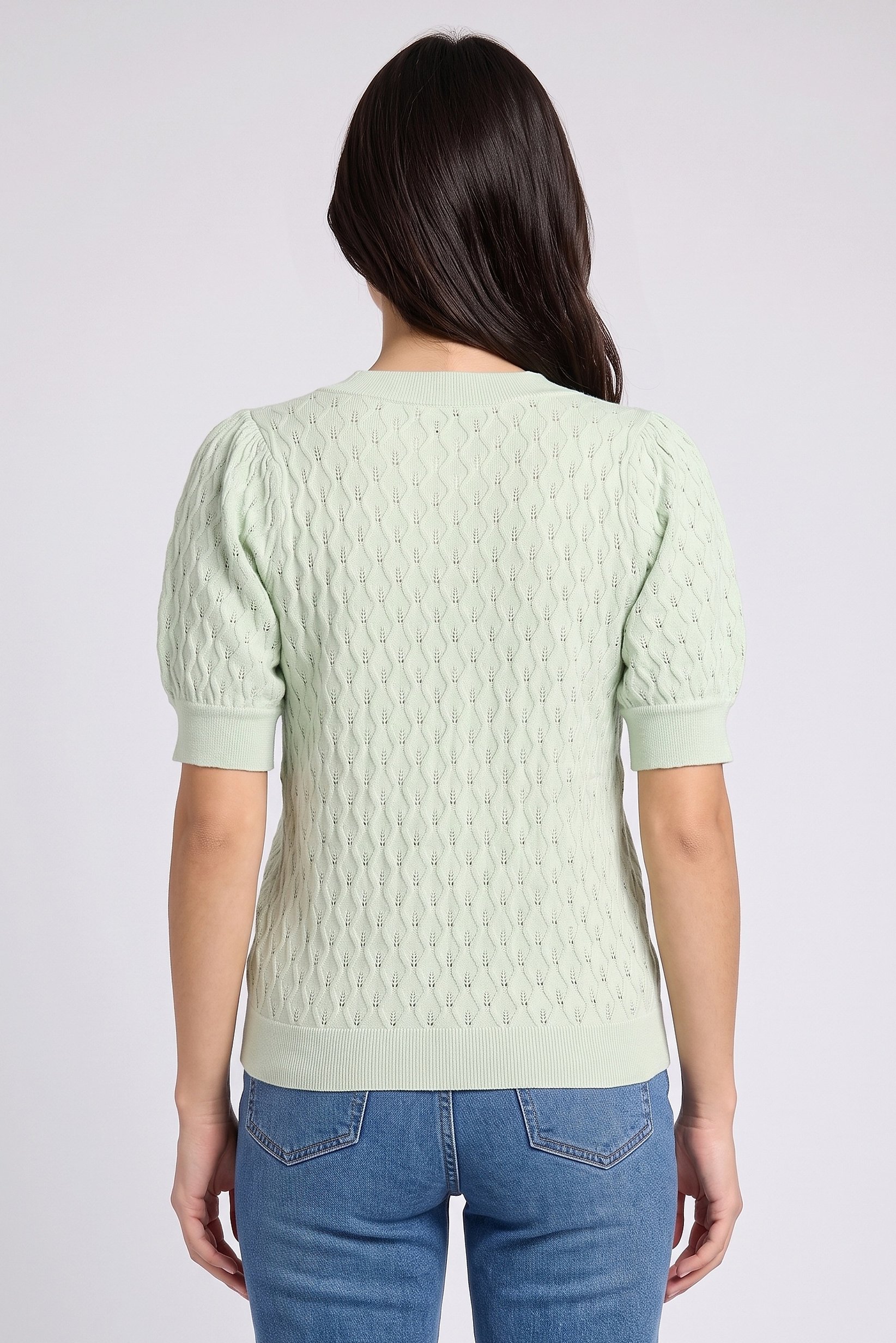 Women V Neck Short Sleeve Knitted Top, Mint Green