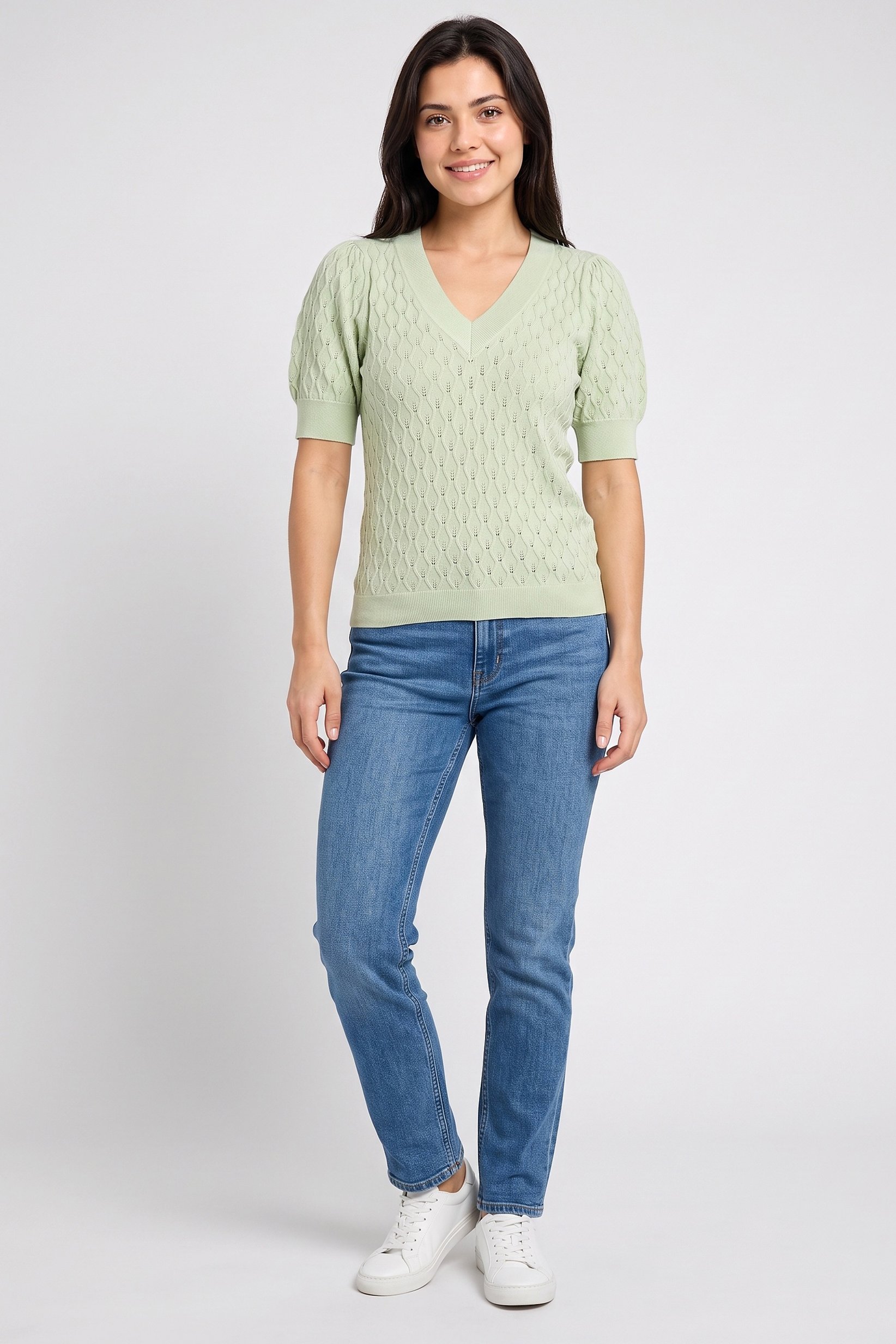 Women V Neck Short Sleeve Textured Top, Light Green