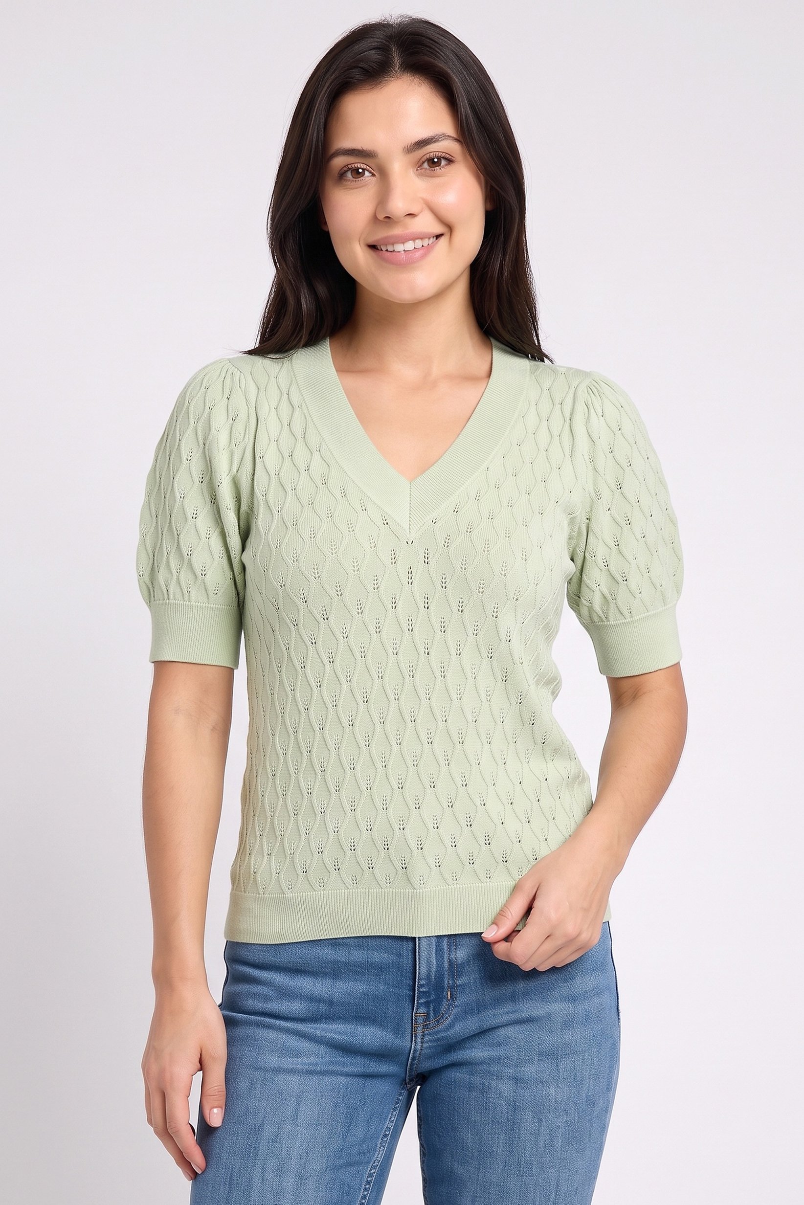 Women V Neck Short Sleeve Textured Top, Light Green