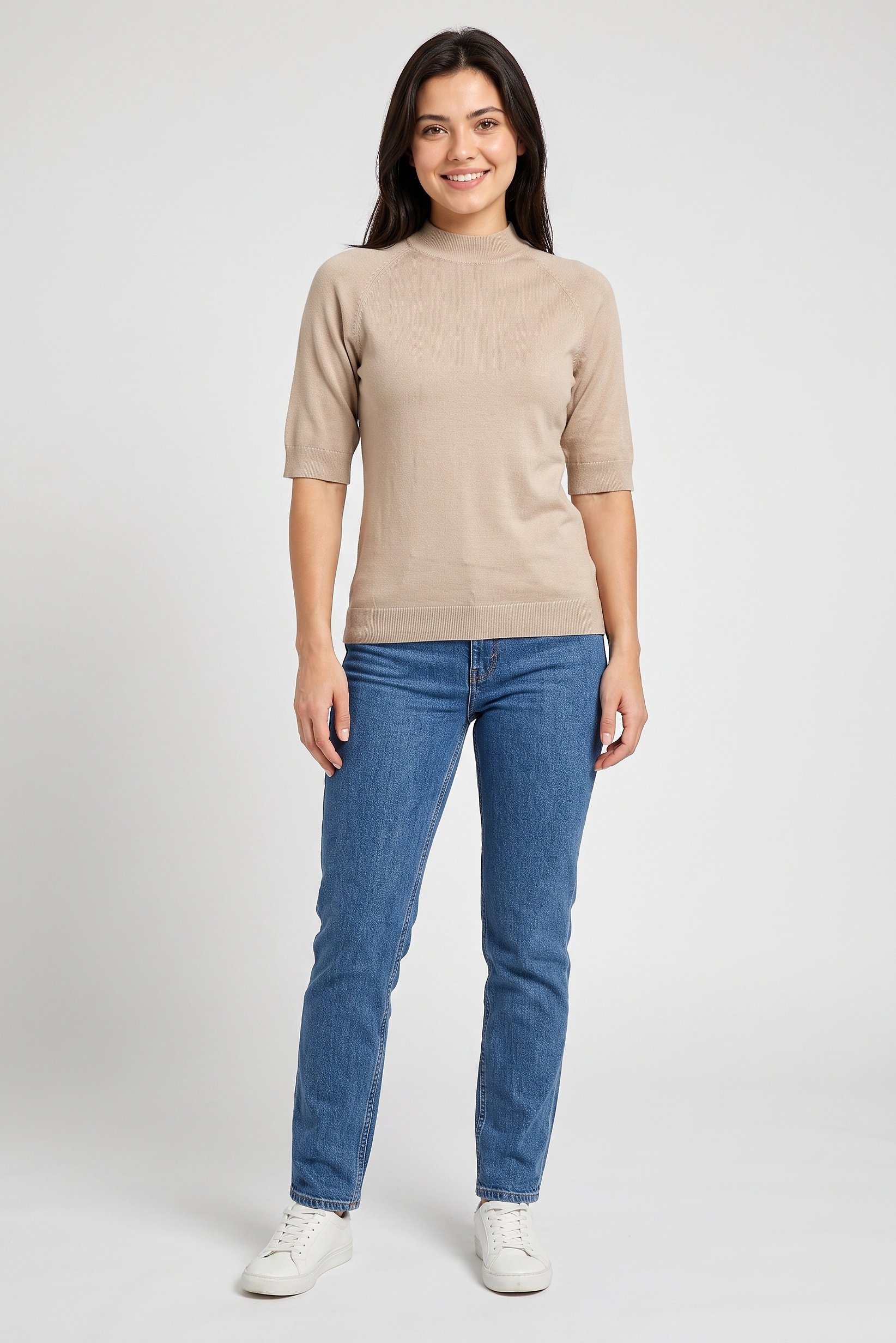 Women Monk Neck Knitted Sweater, Tan