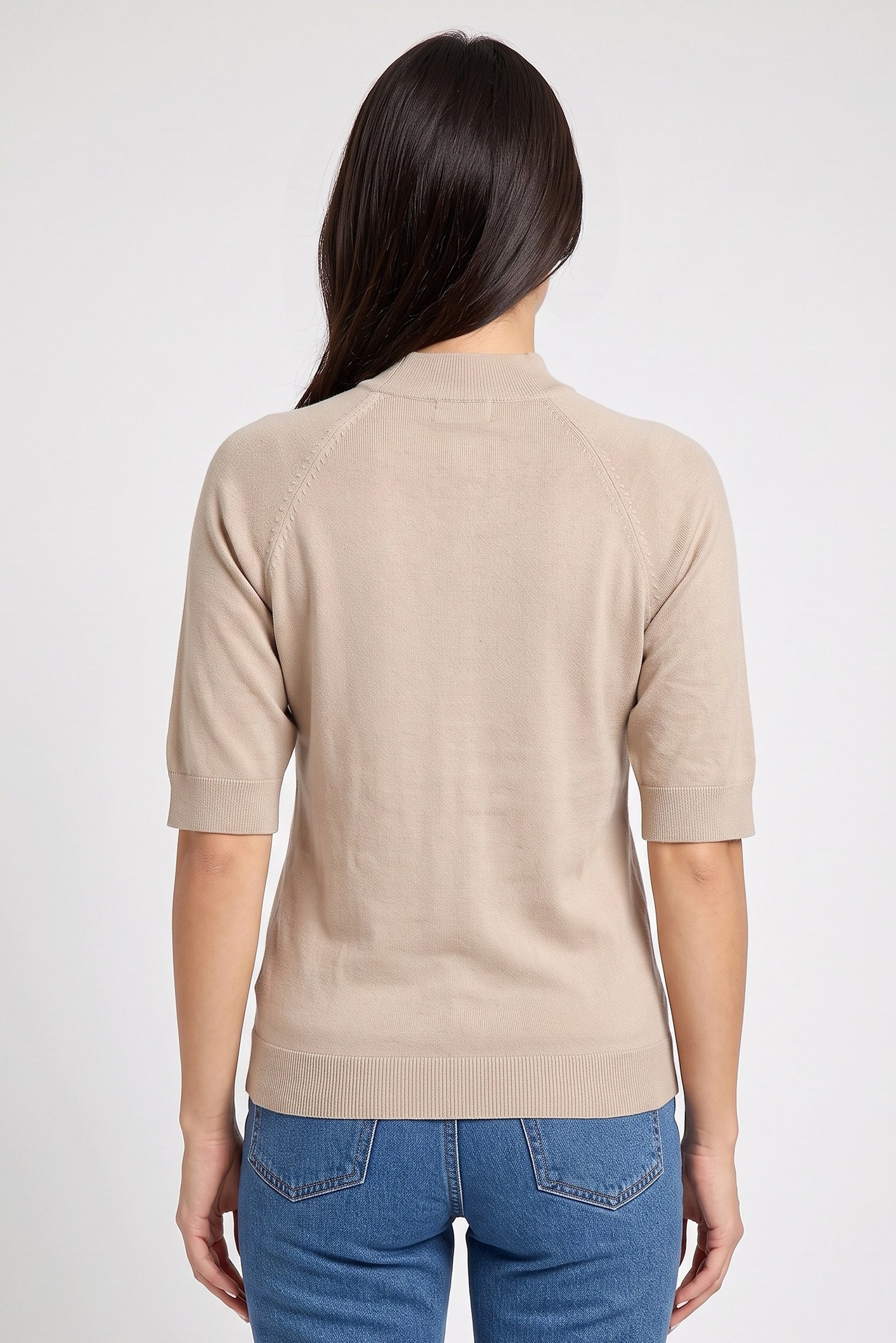 Women Monk Neck Knitted Sweater, Tan
