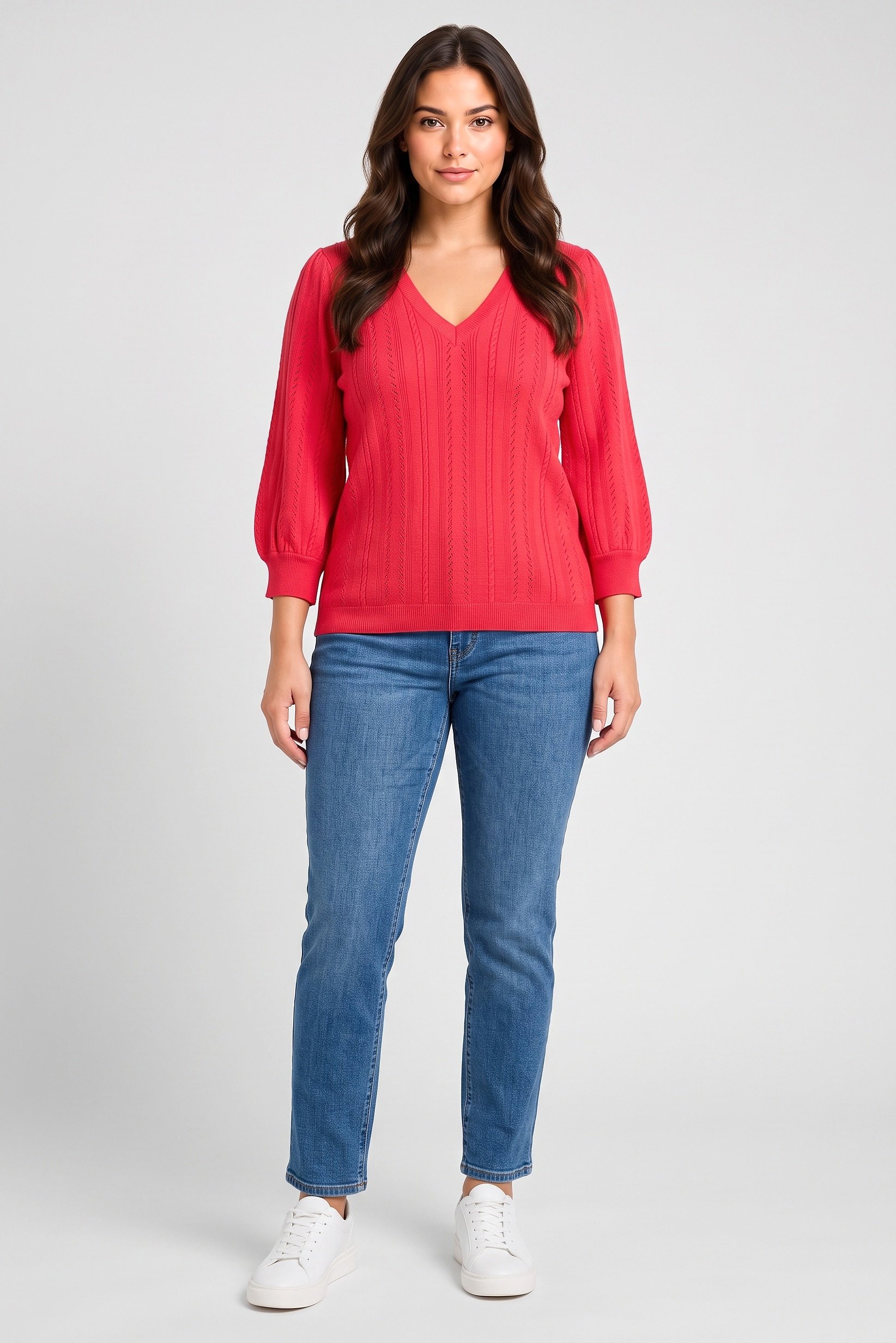 Women V-Neck Kitted Sweater, Fuchsia