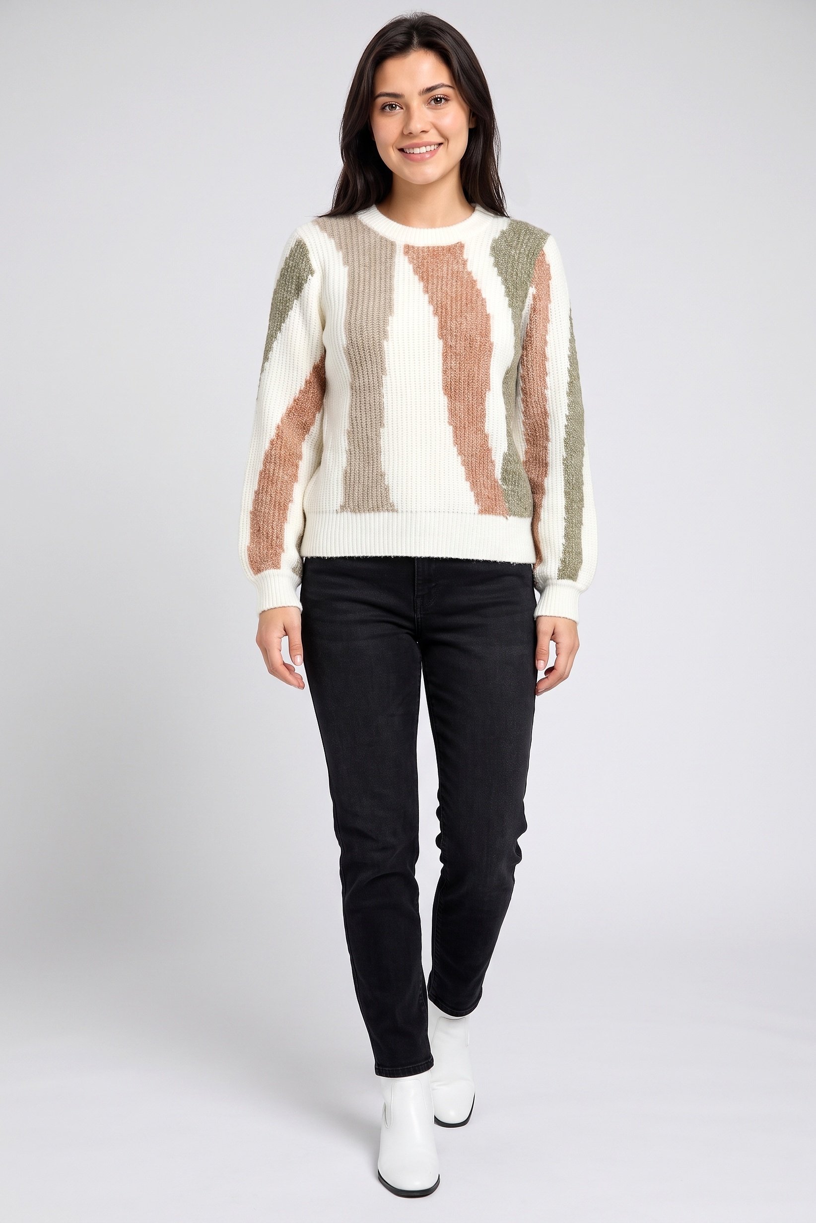 Women Crew Neck Knitted Long Sleeve Sweater, Multicolor