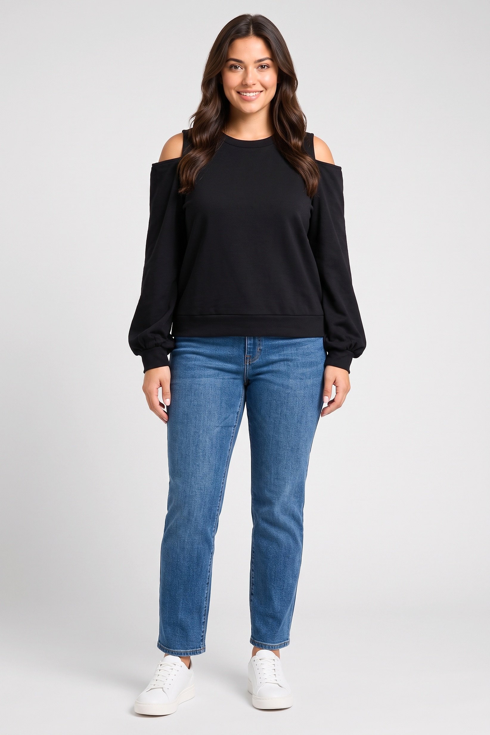 Women Crew Neck Cold Shoulder Plain Sweatshirt, Black