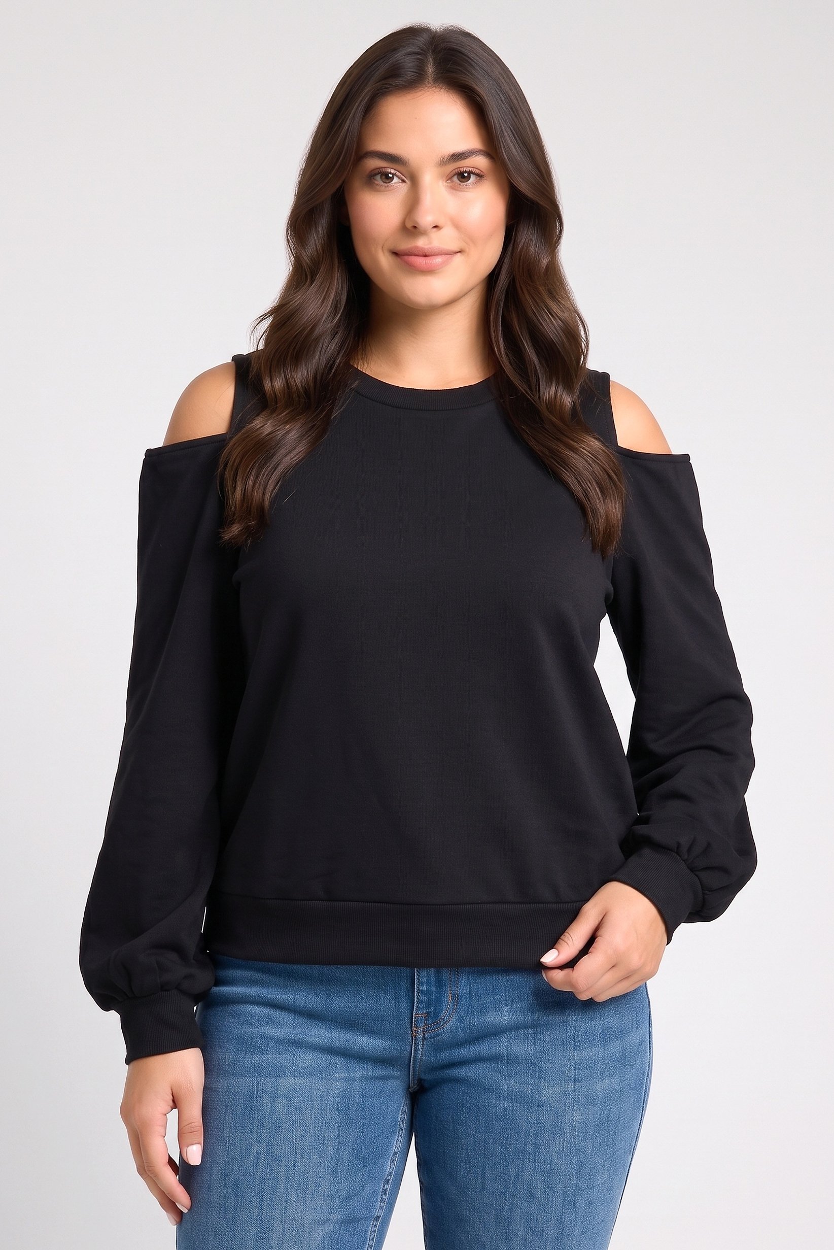 Women Crew Neck Cold Shoulder Plain Sweatshirt, Black