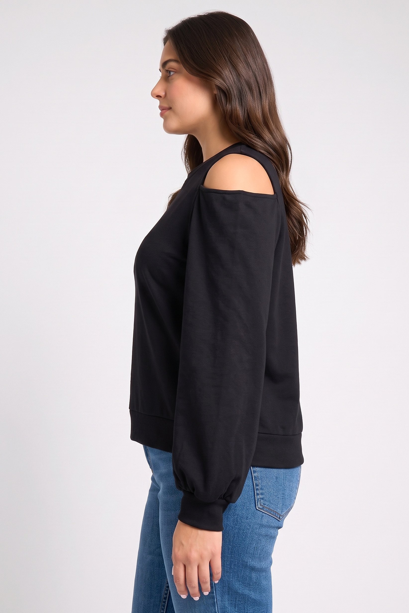 Women Crew Neck Cold Shoulder Plain Sweatshirt, Black