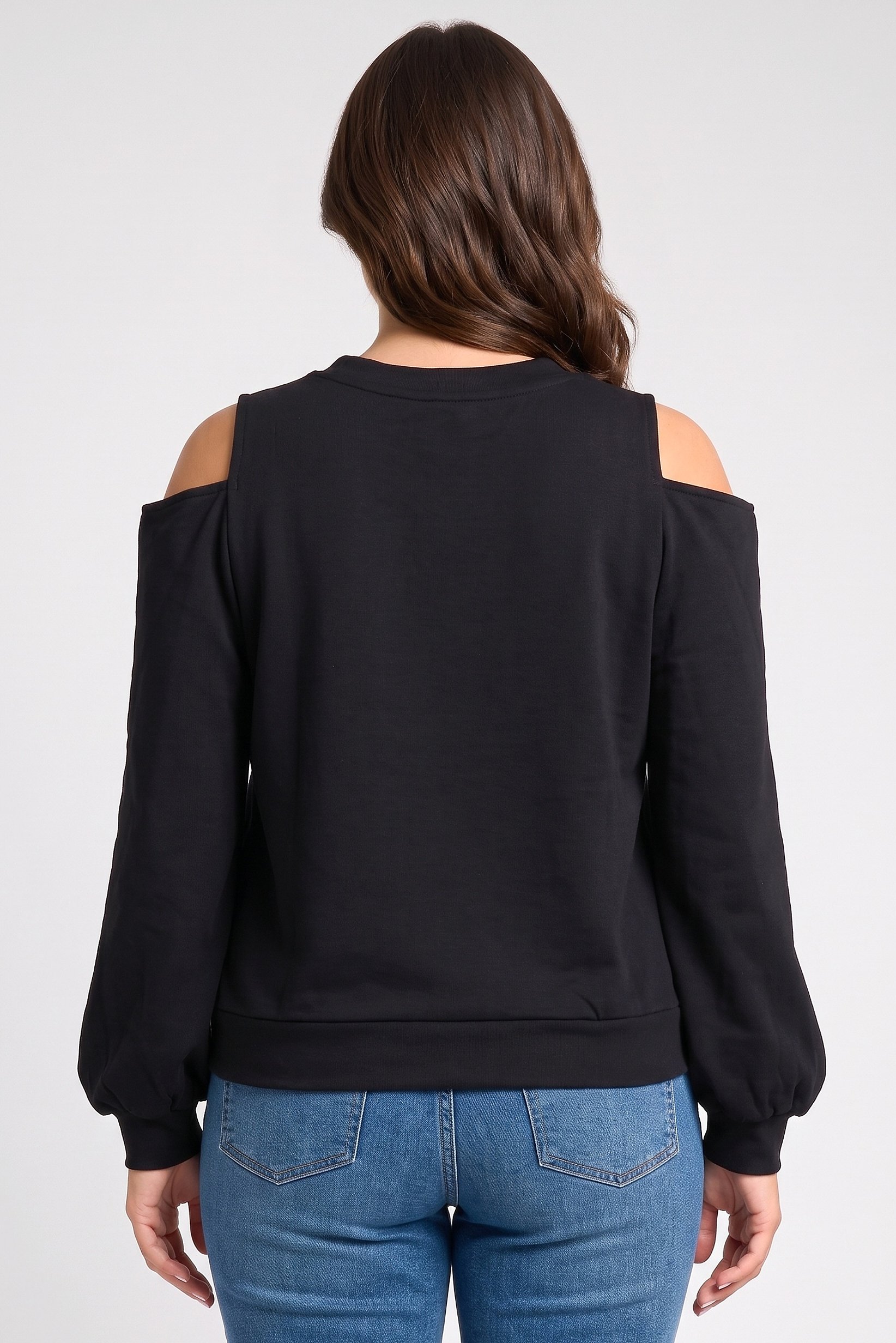 Women Crew Neck Cold Shoulder Plain Sweatshirt, Black