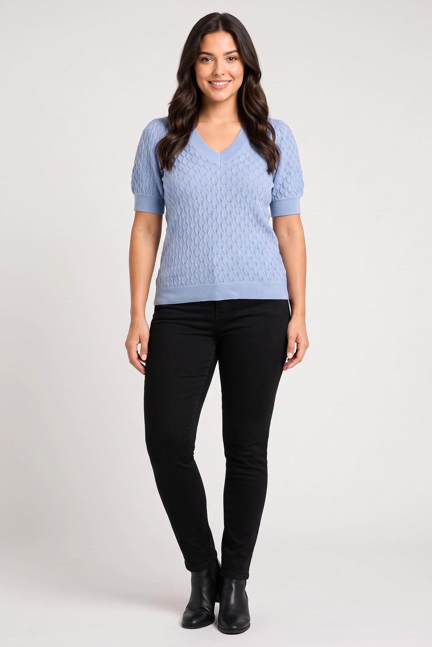 Women V Neck Short Sleeve Eyelet Top, Blue