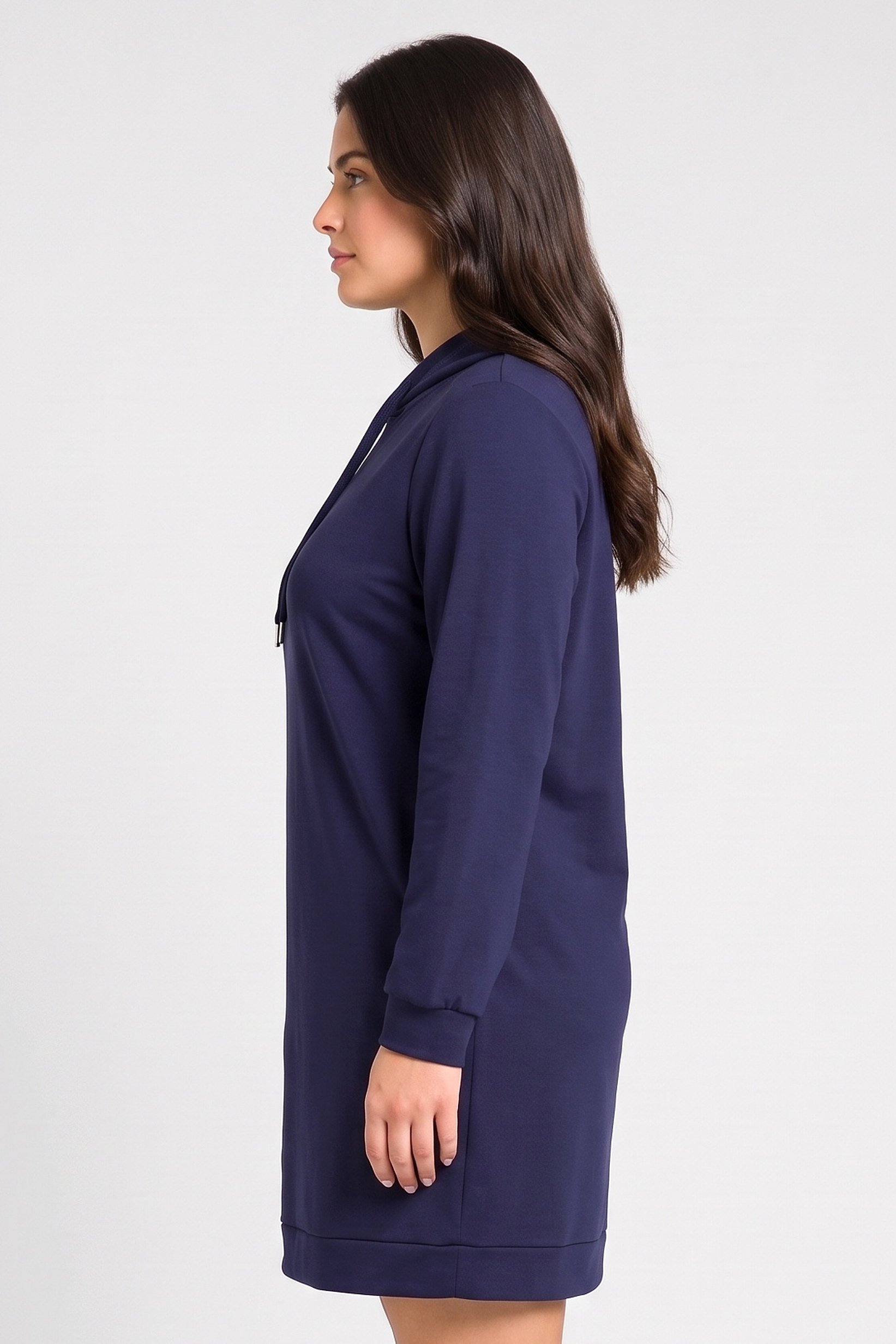 Women Curvy Fit Solid Hooded Sweater Dress, Navy