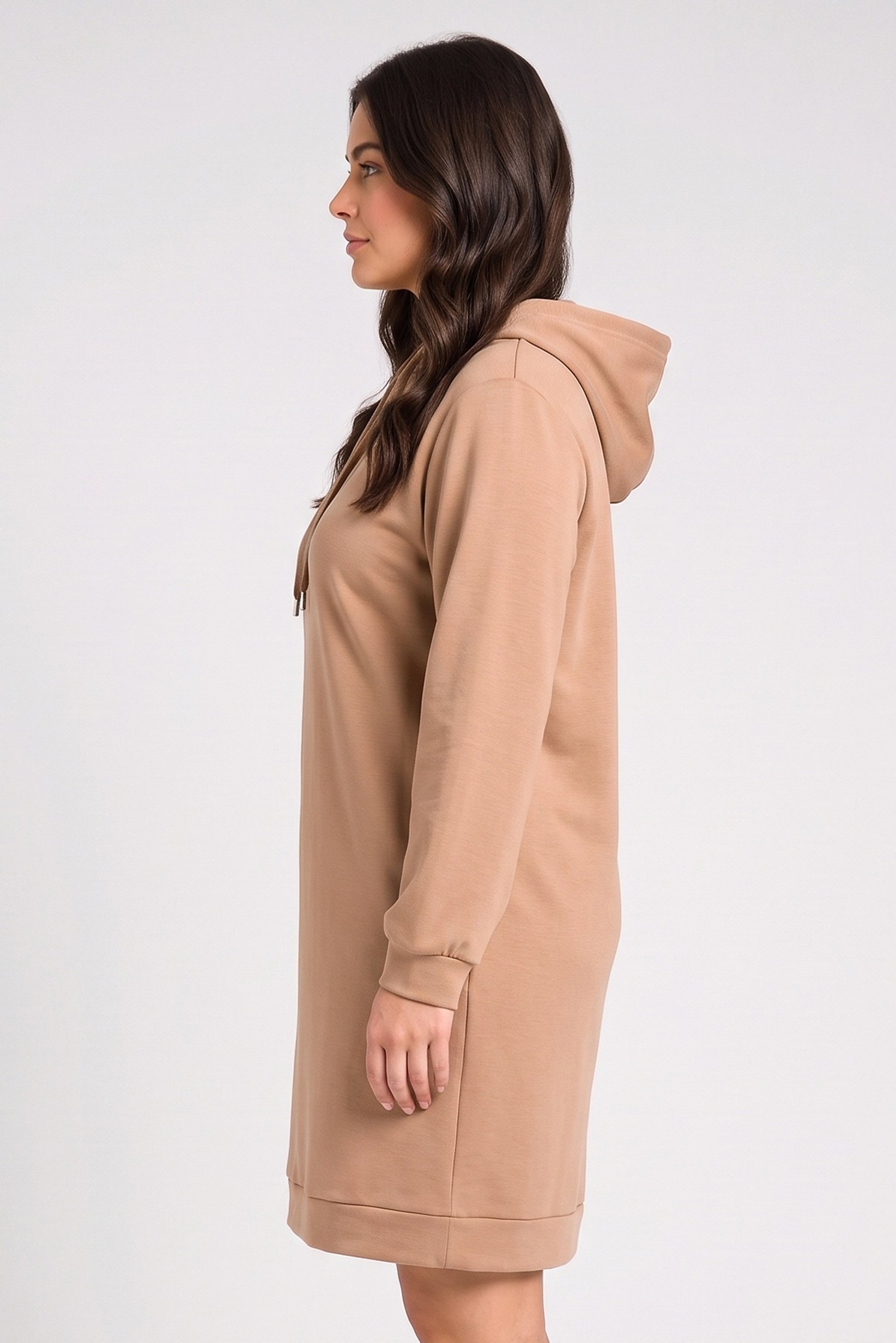 Women Solid Hooded Sweater Dress, Dark Beige