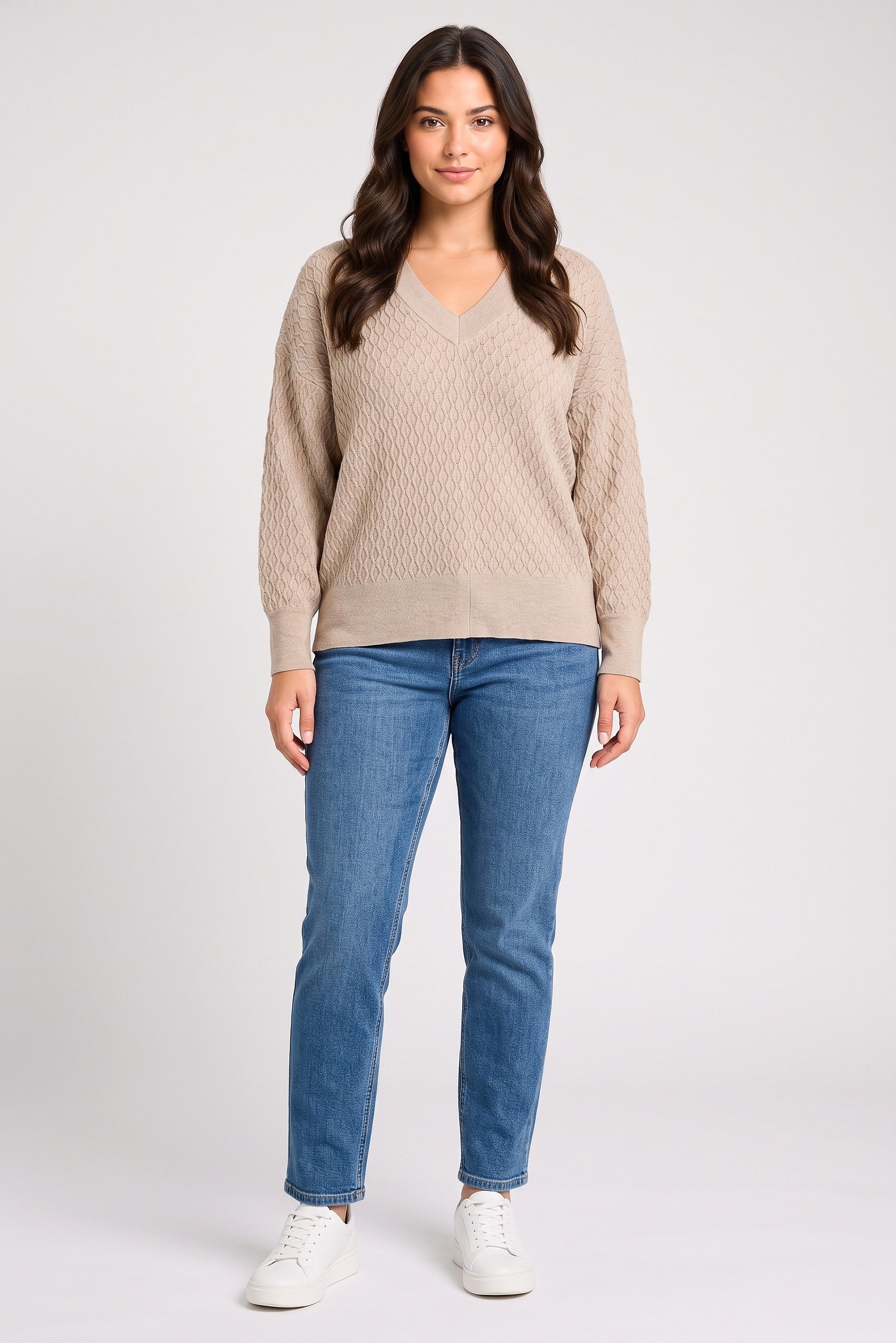 Women Curved Fit V-Neck Textured Sweater, Beige