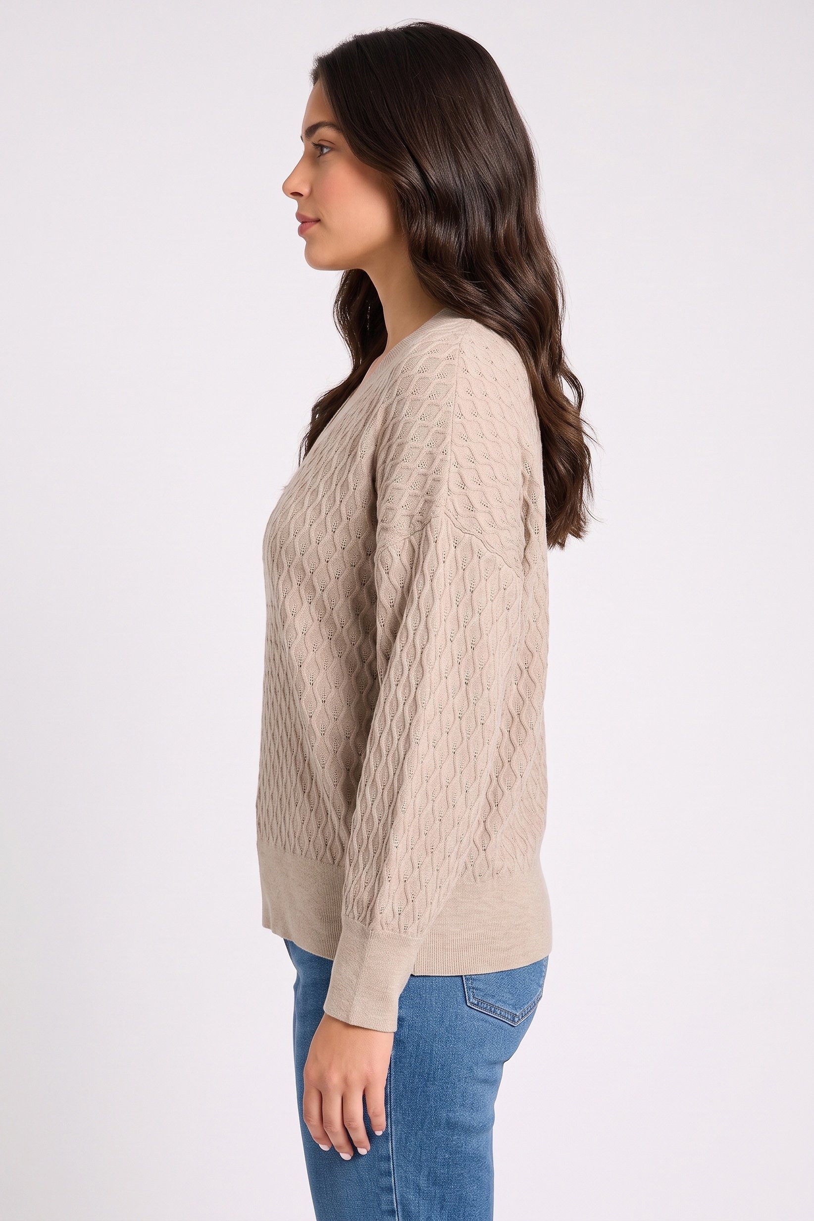 Women Curved Fit V-Neck Textured Sweater, Beige