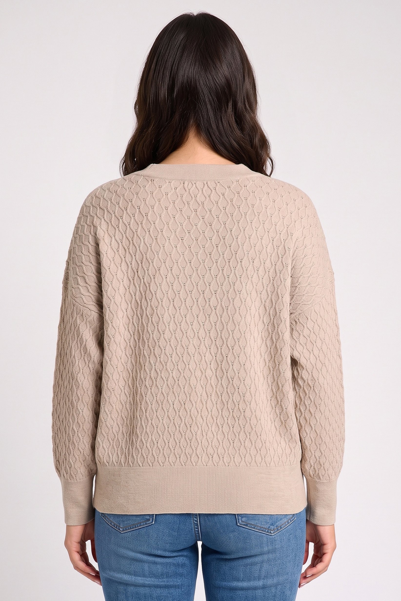 Women Curved Fit V-Neck Textured Sweater, Beige