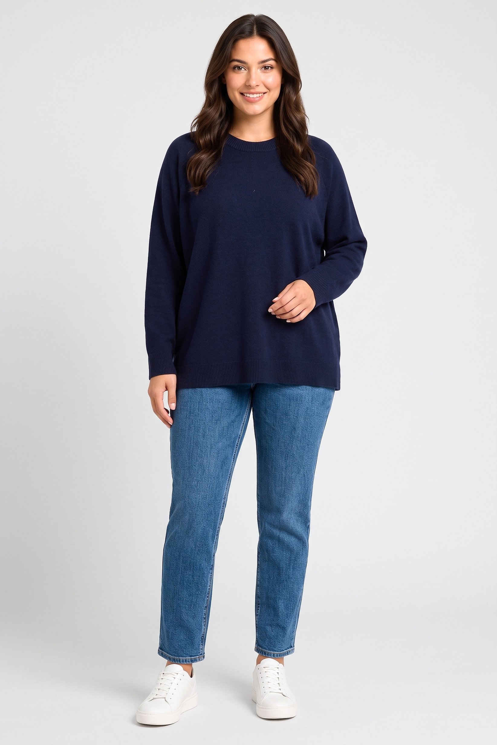 Women Crew Neck Knitted Sweater, Navy