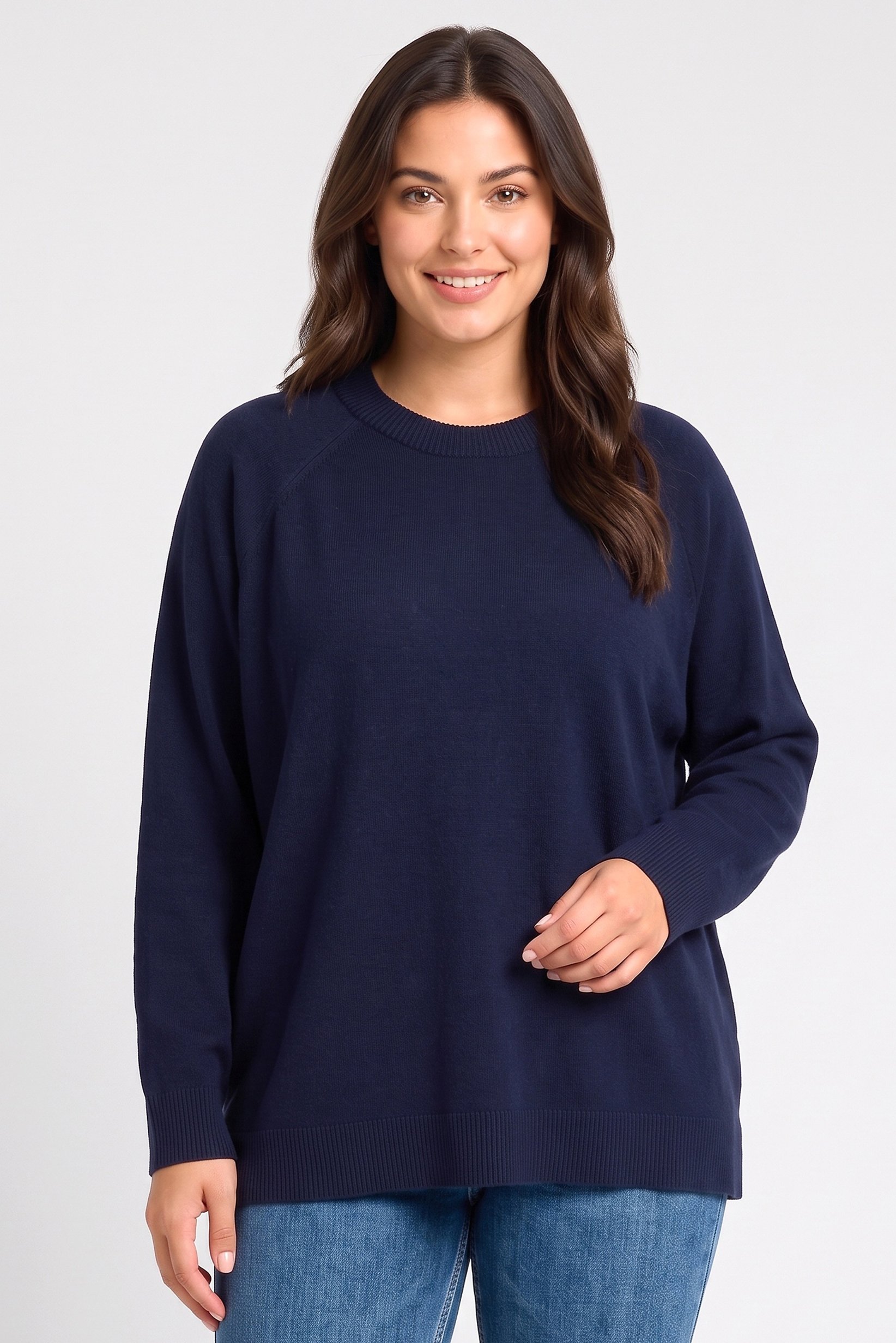 Women Crew Neck Knitted Sweater, Navy