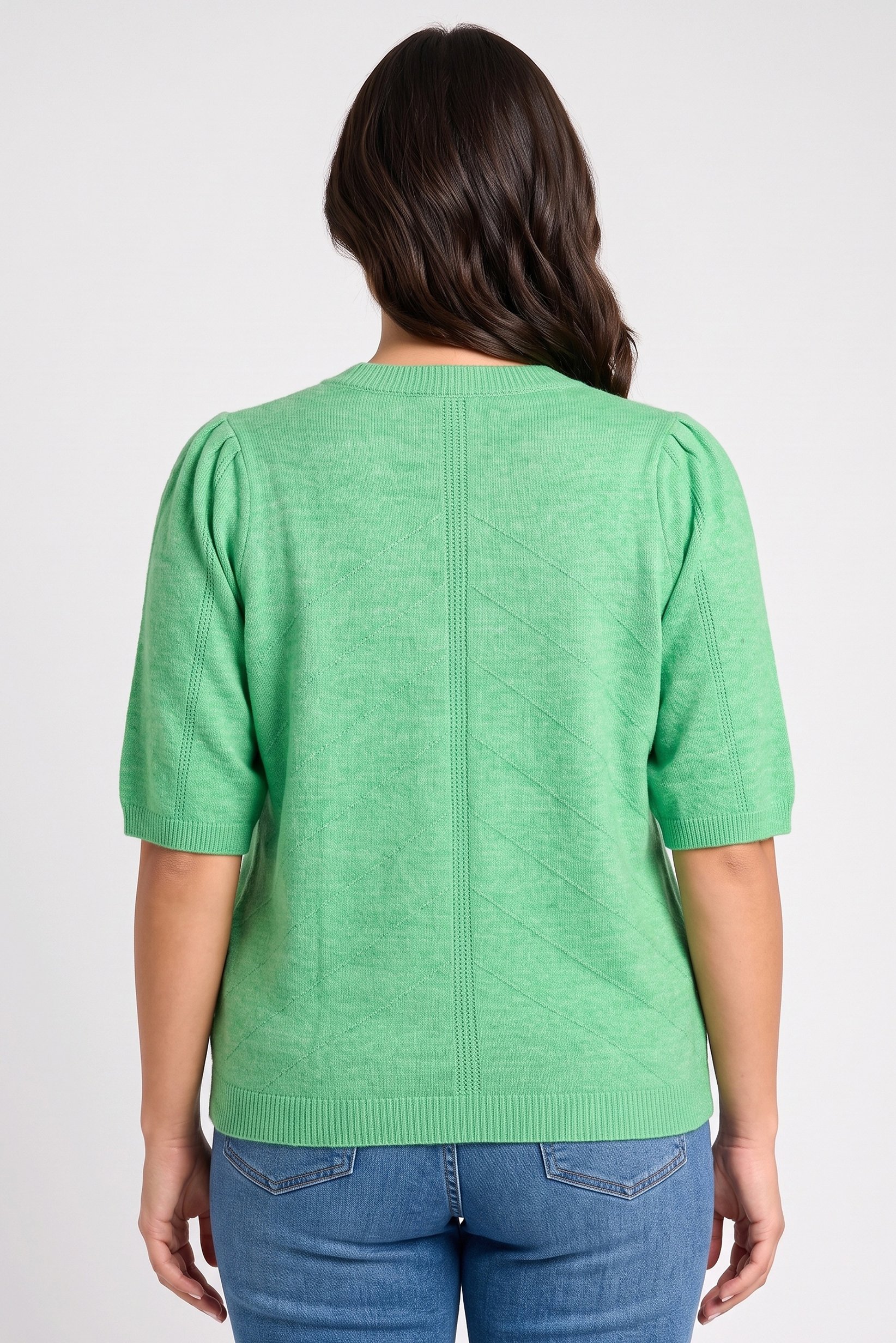 Women Curve Ribbed Neck Textured Sweater, Green