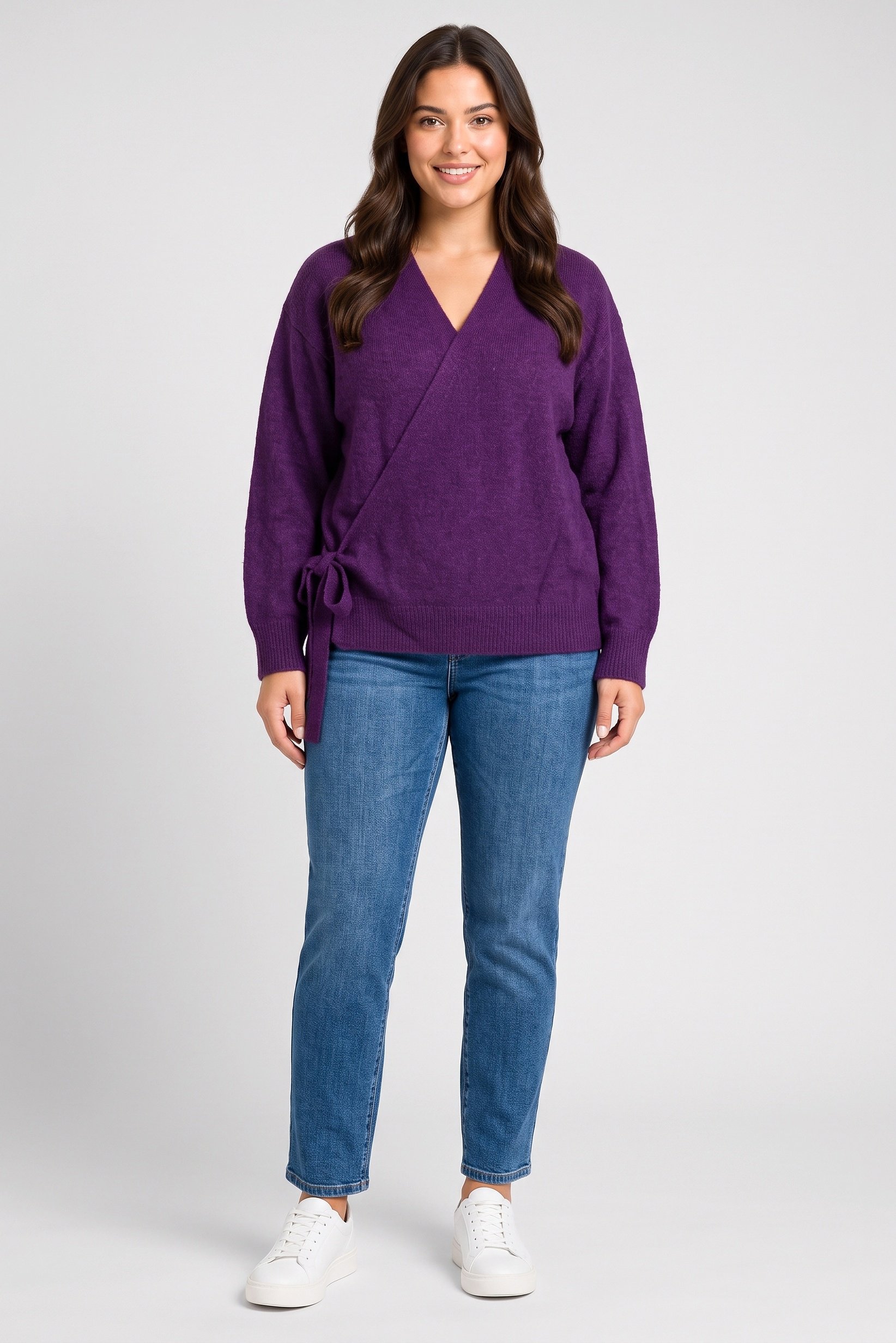 Women Curve Split Neck Plain Wrap Cardigan, Purple
