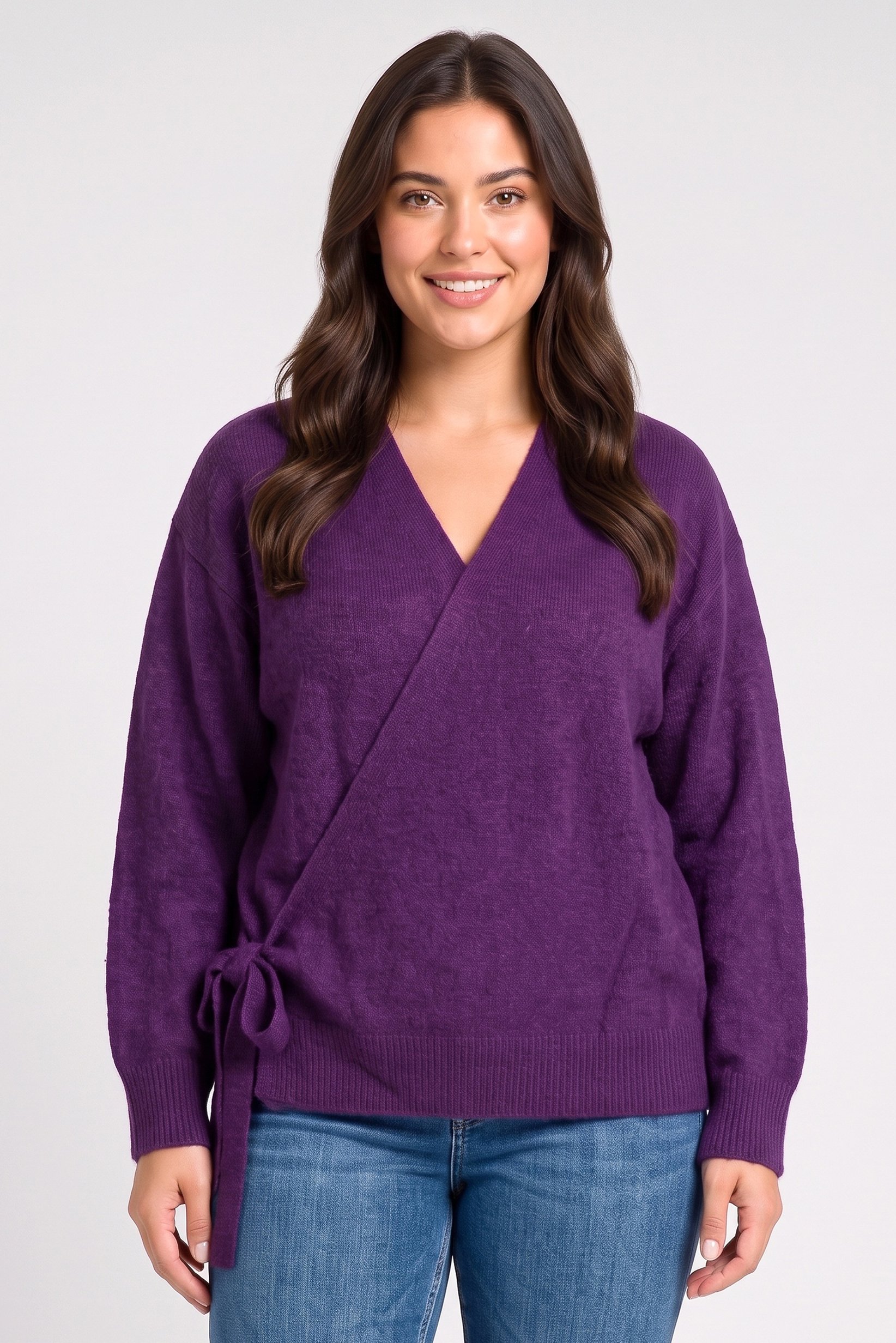 Women Curve Split Neck Plain Wrap Cardigan, Purple