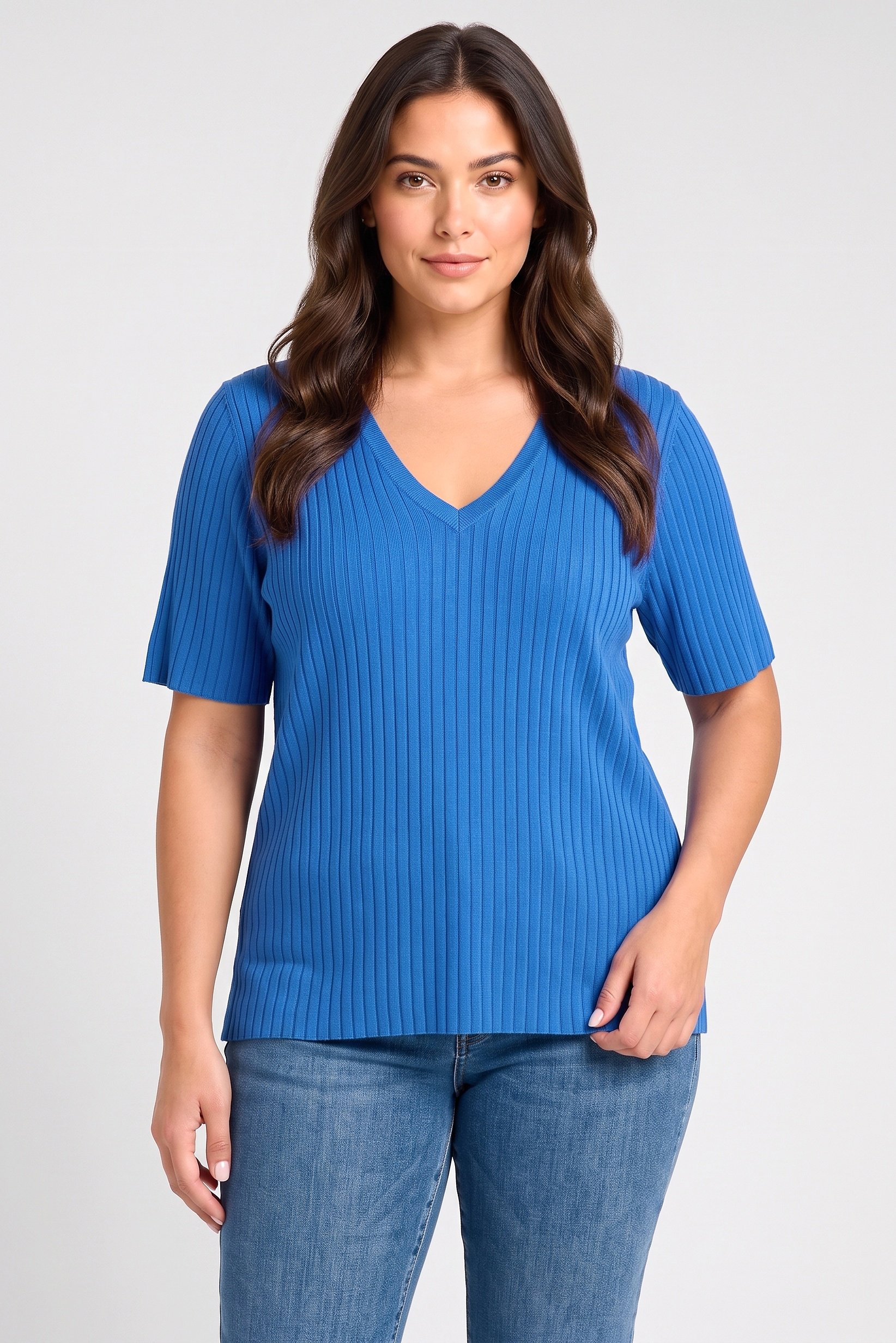 Women V-Neck Ribbed Sweater, Blue