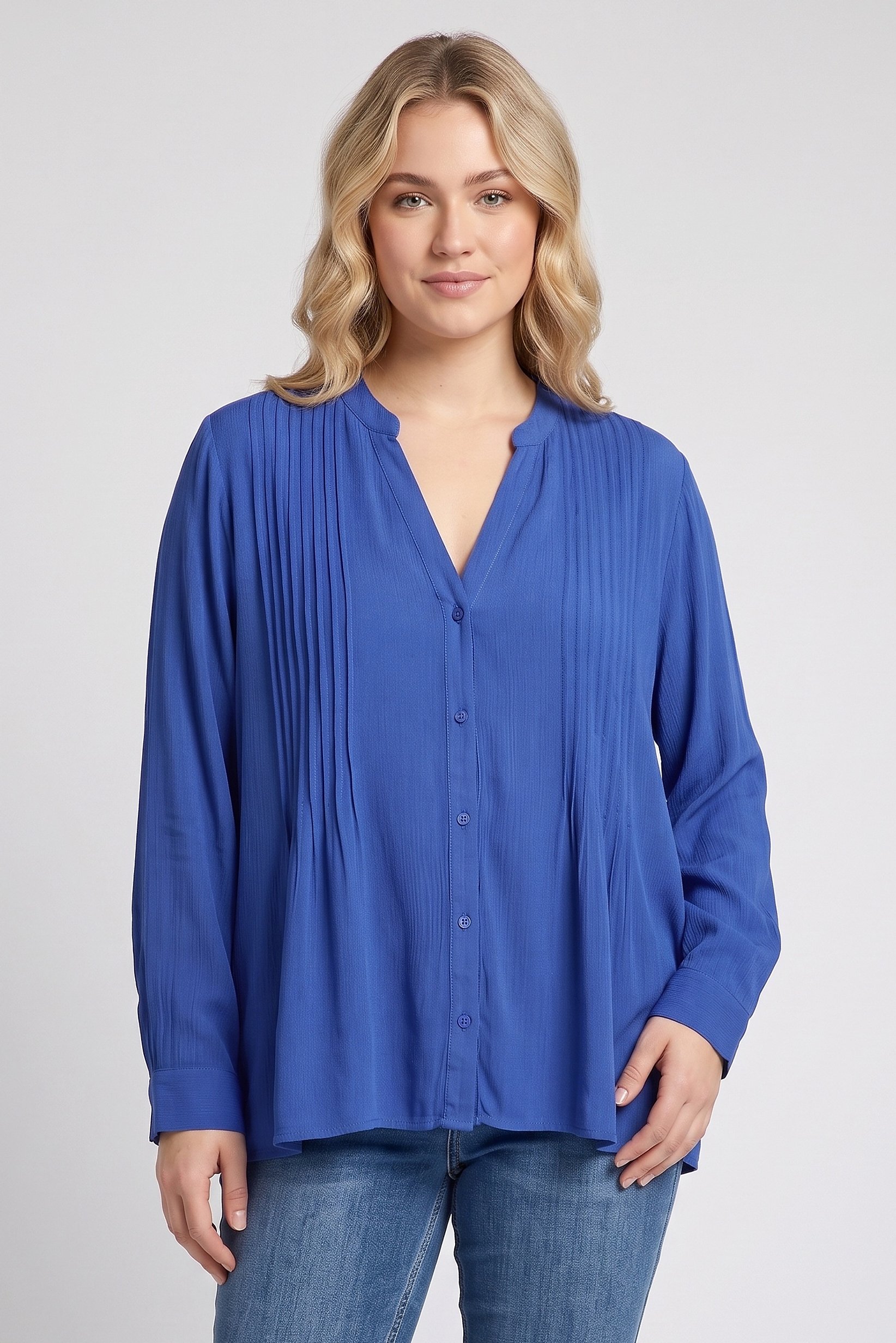 Women V-Neck Long Sleeve Textured Blouse, Blue