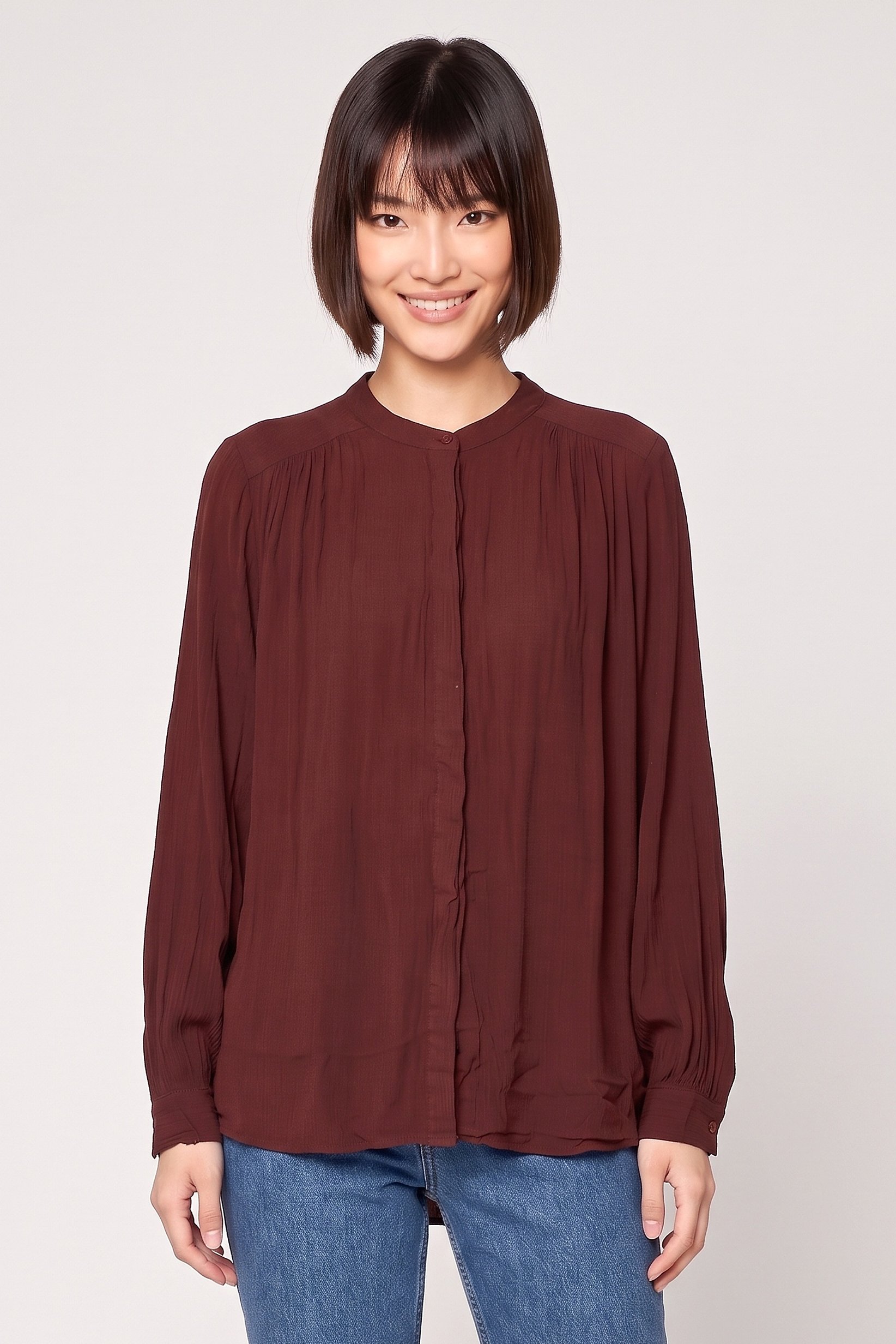 Women Stand Collar Textured Long Sleeve Shirt, Brown