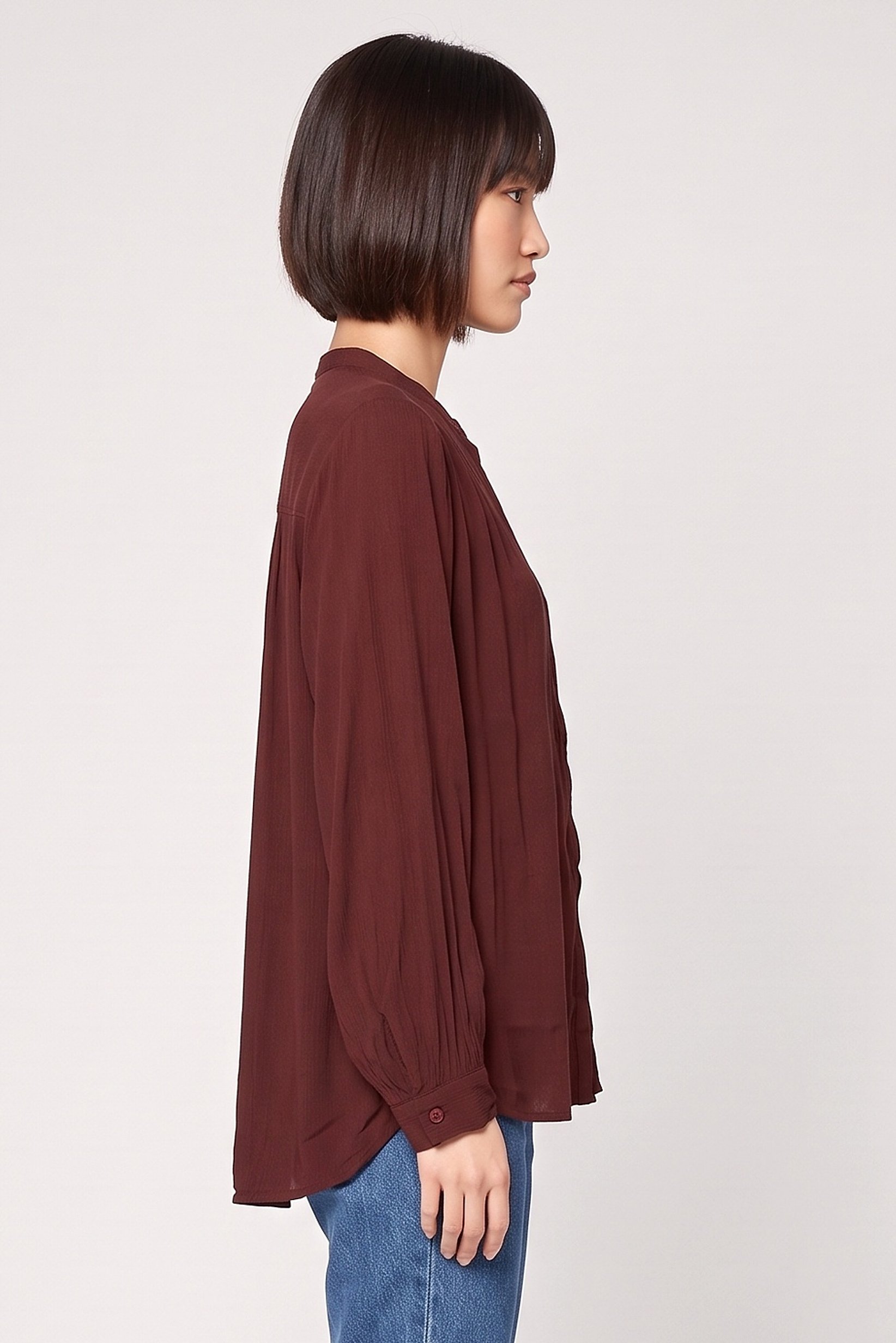 Women Stand Collar Textured Long Sleeve Shirt, Brown
