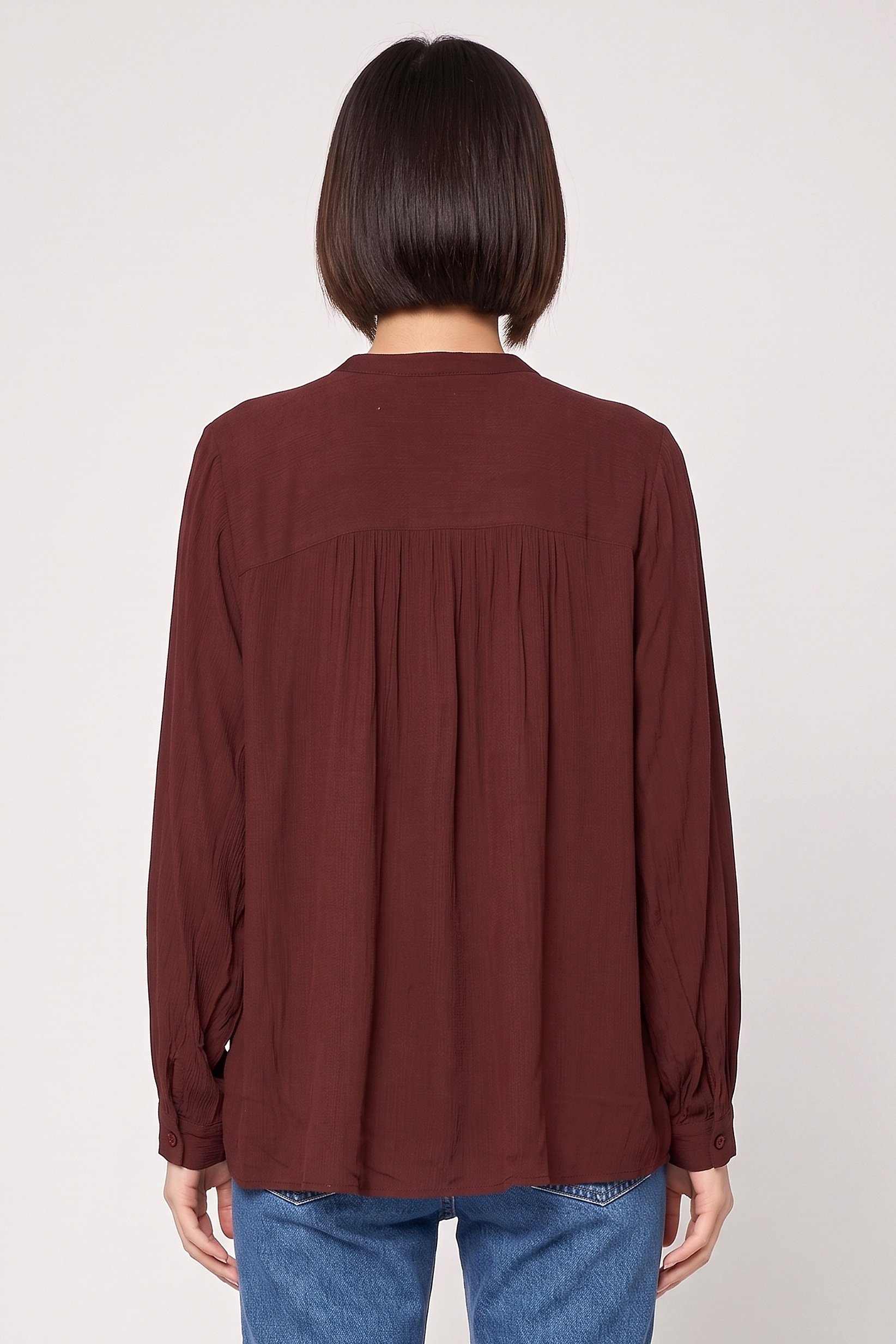 Women Stand Collar Textured Long Sleeve Shirt, Brown