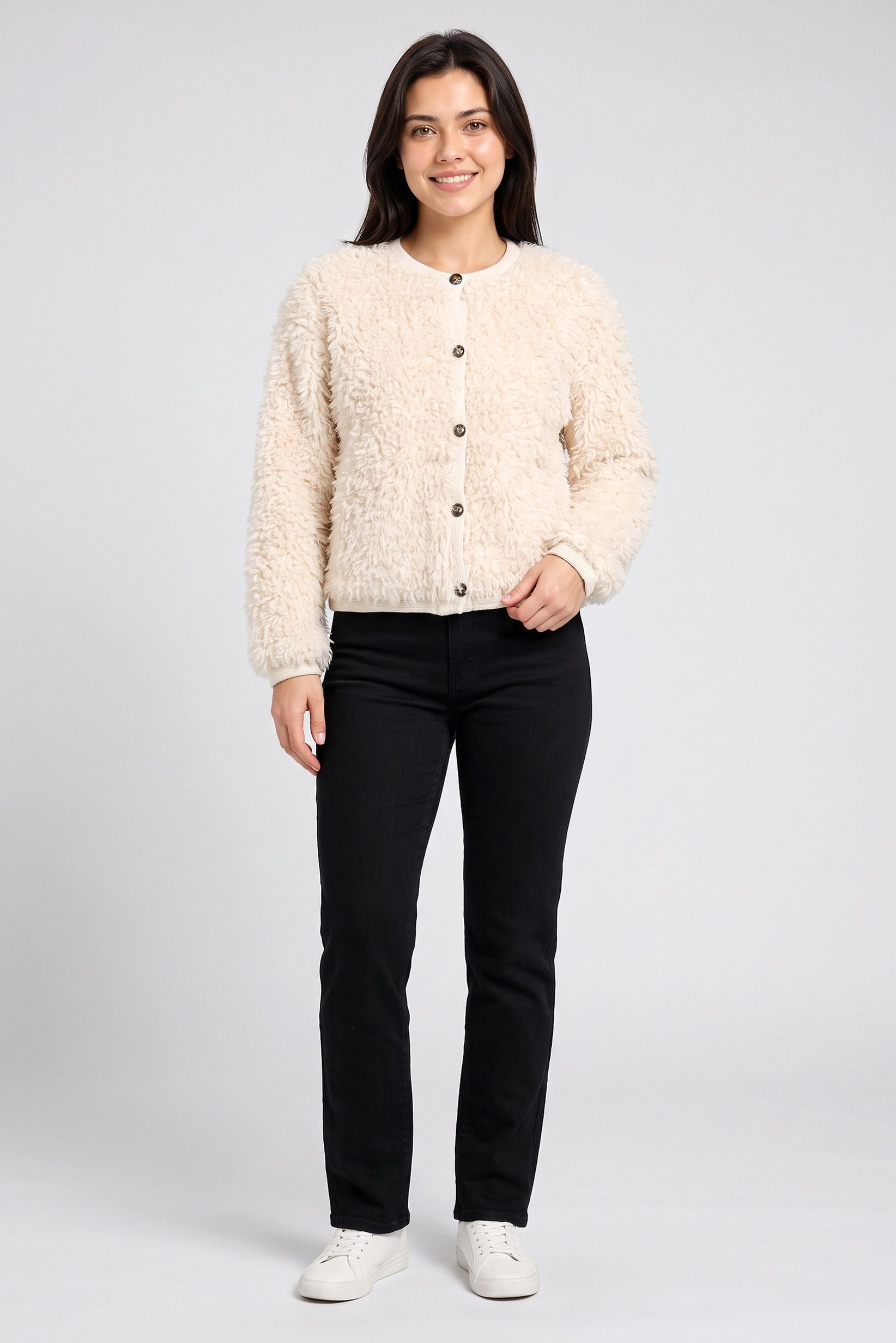 Women Crew Neck Textured Cardigan, Beige