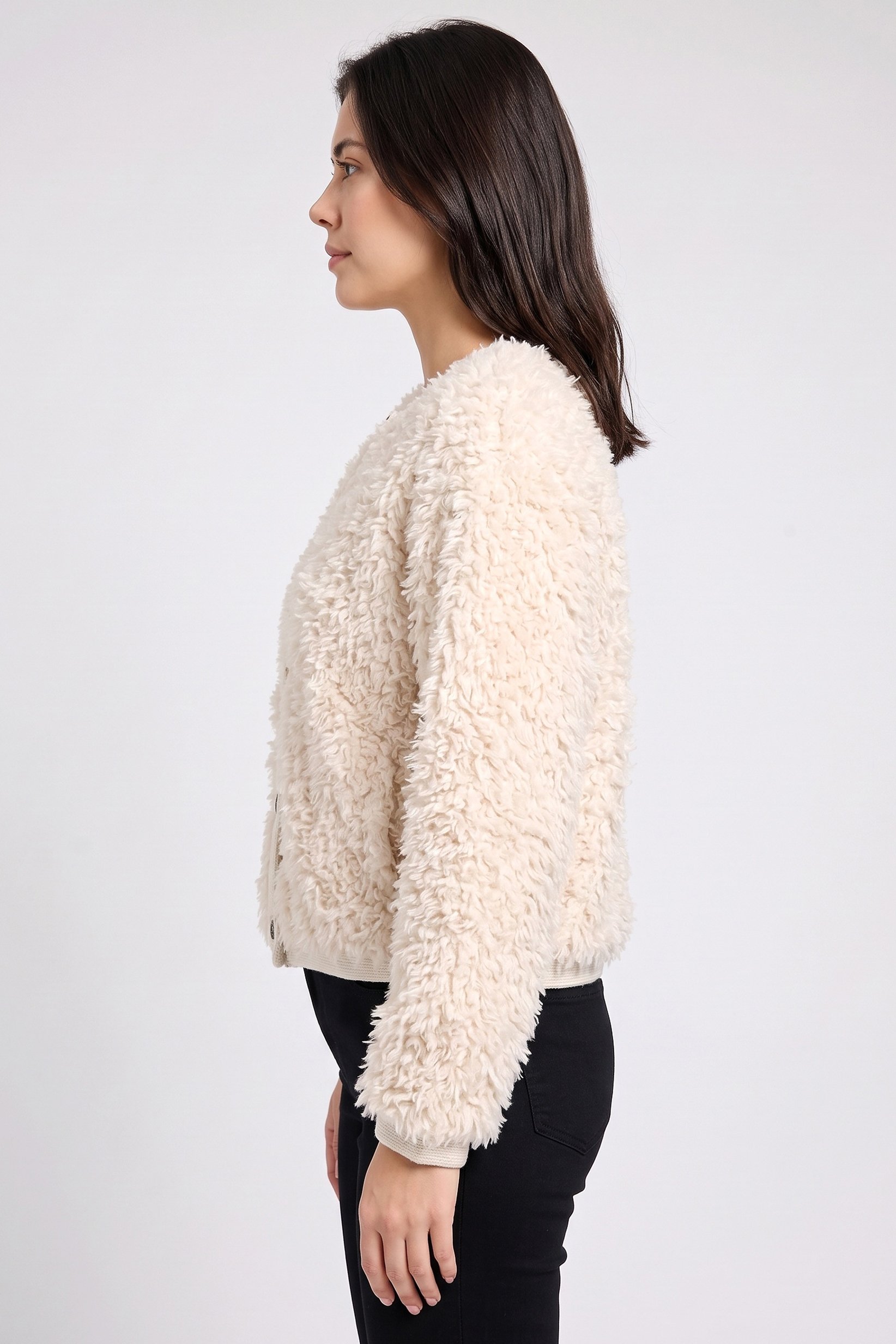 Women Crew Neck Textured Cardigan, Beige