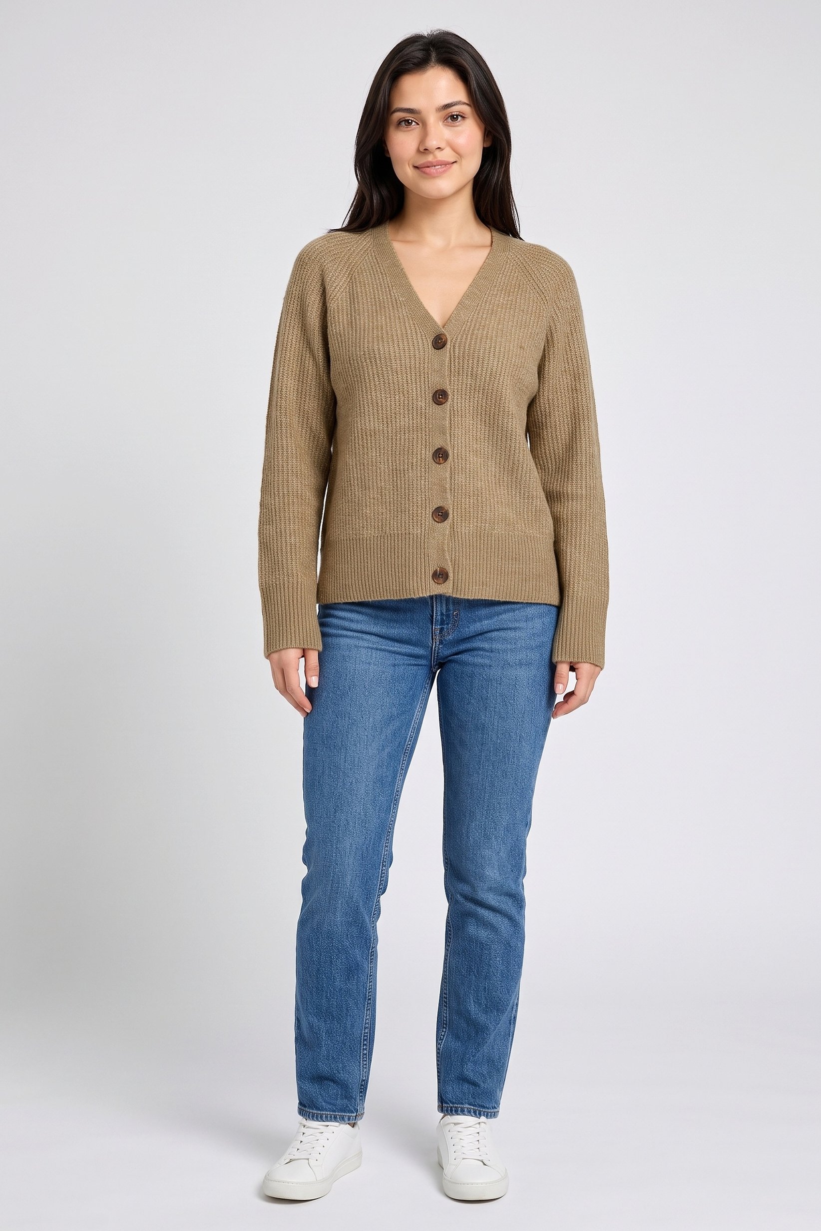 Women V-Neck Knitted Cardigan, Tan