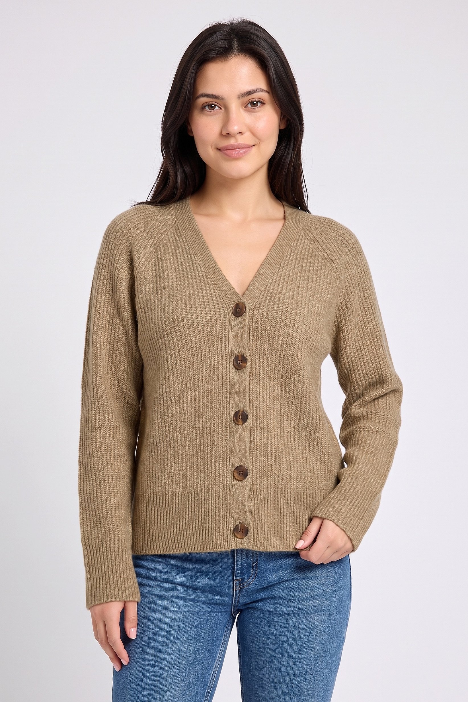 Women V-Neck Knitted Cardigan, Tan