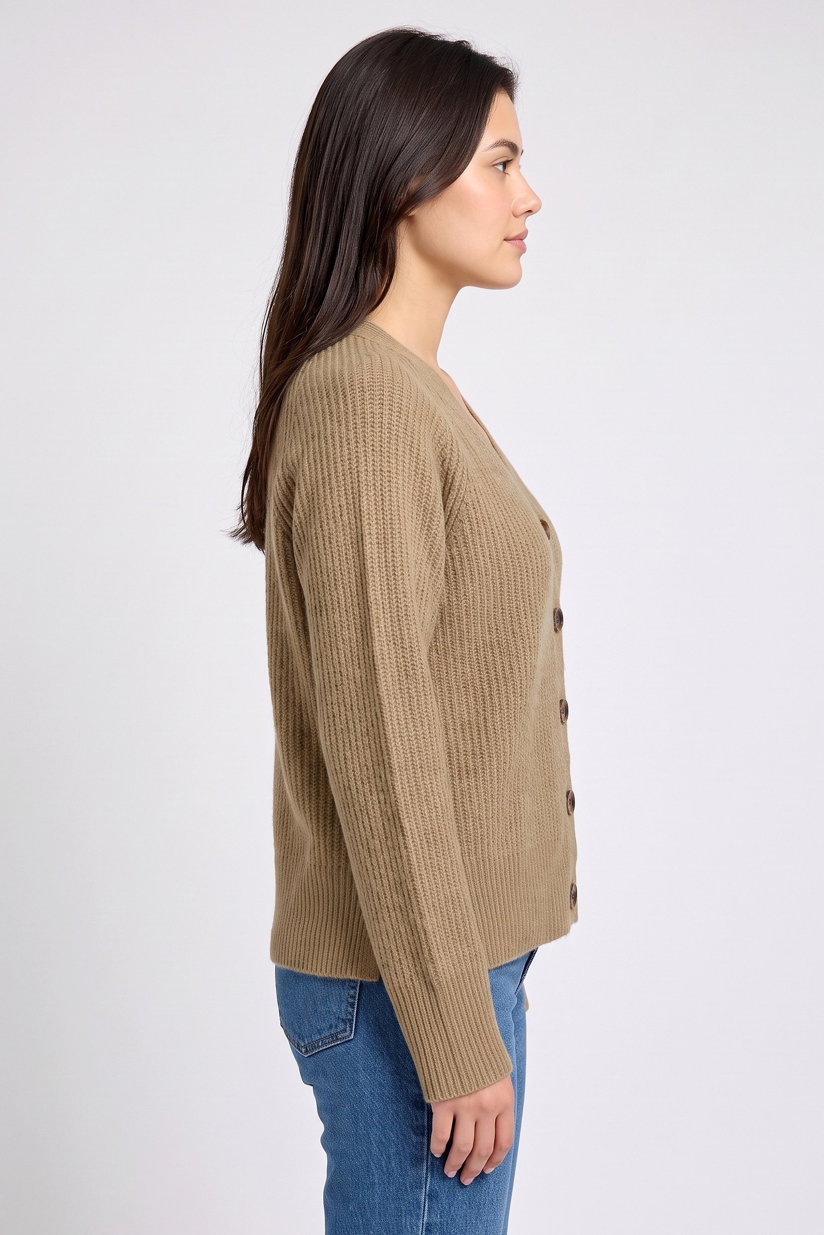 Women V-Neck Knitted Cardigan, Tan