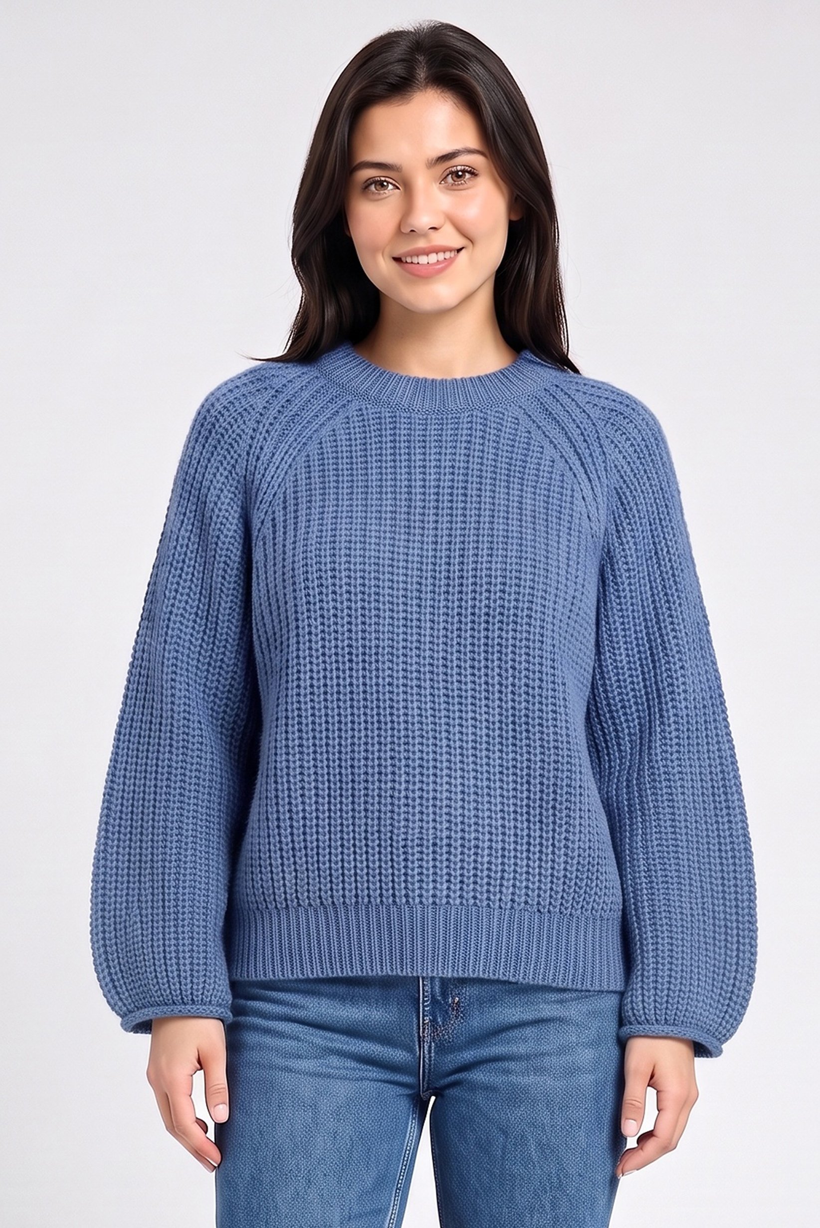 Women Crew Neck Crochet Sweater, Blue