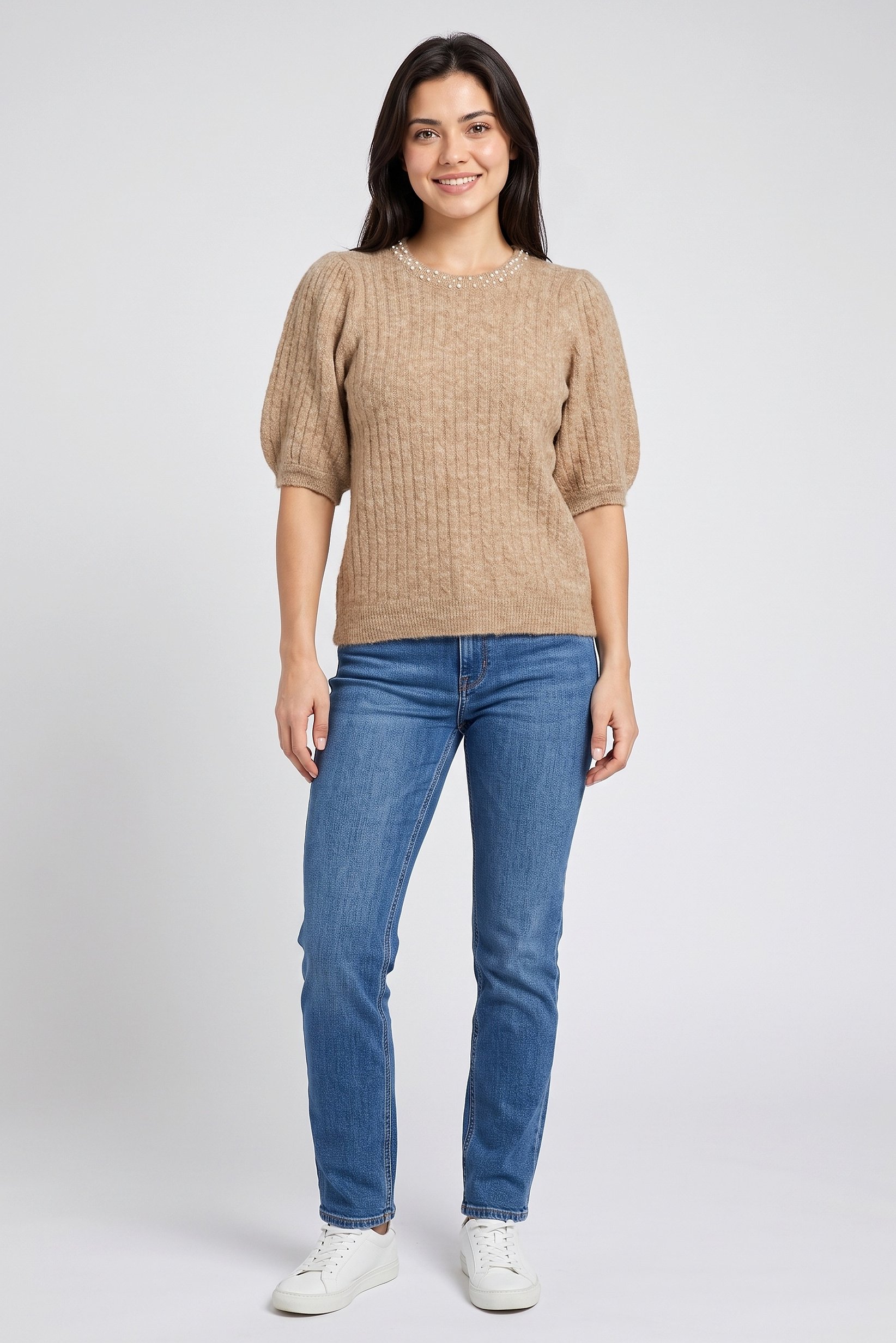 Women Round Neck Knitted Sweater, Dark Beige