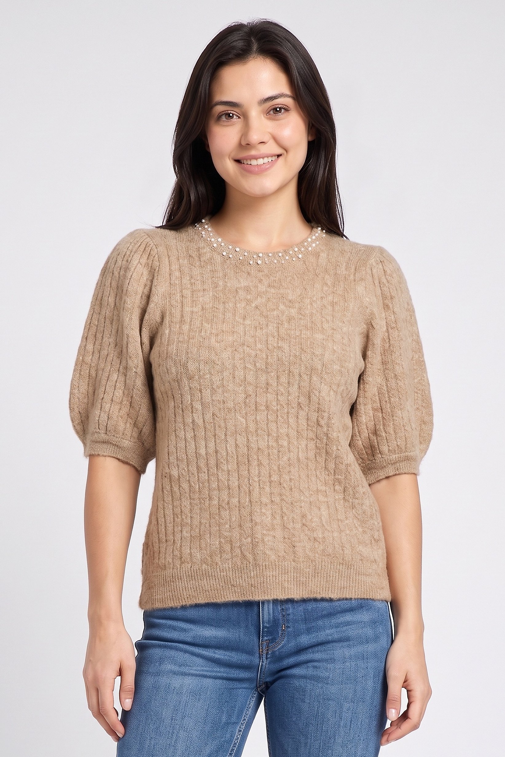 Women Round Neck Knitted Sweater, Dark Beige