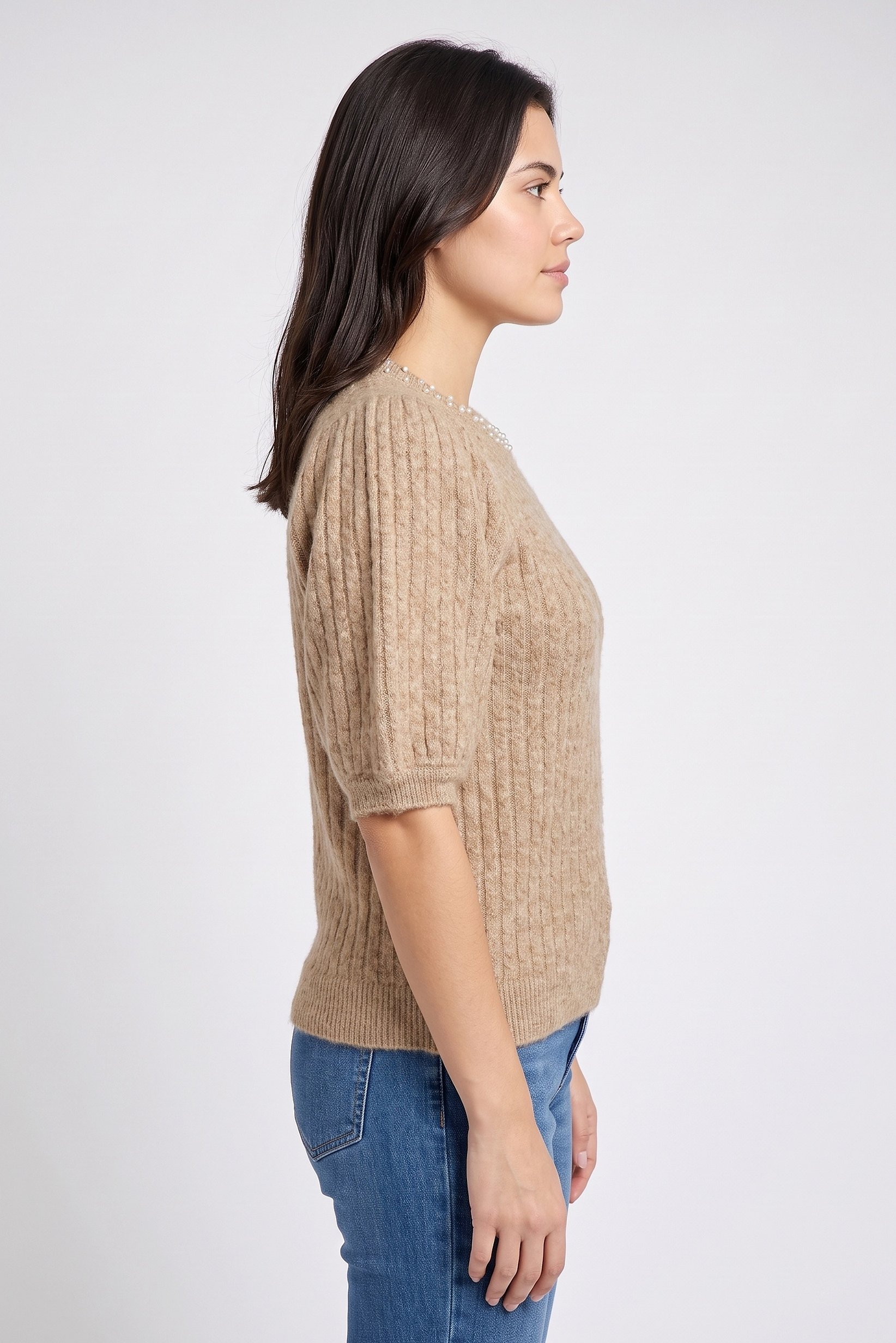 Women Round Neck Knitted Sweater, Dark Beige