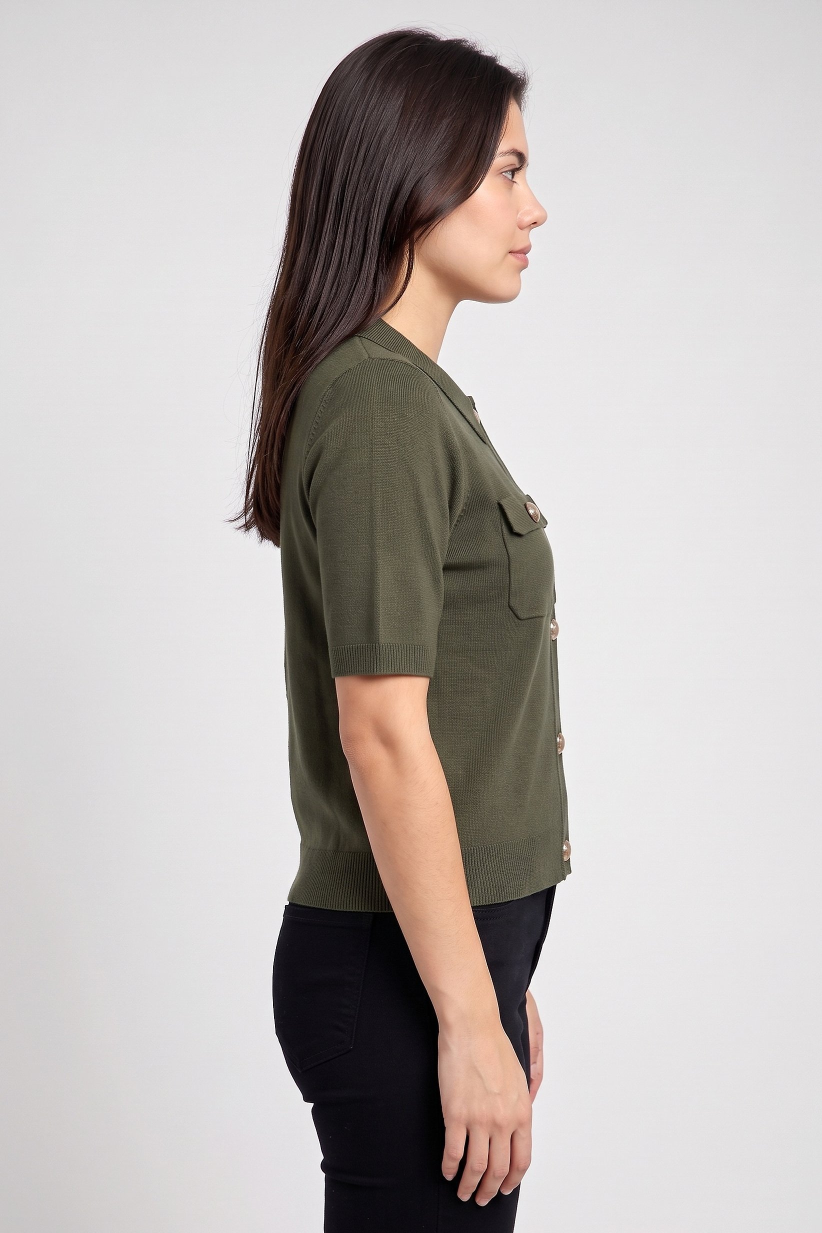 Women Spread Collar Short Sleeve Knitted Top, Olive