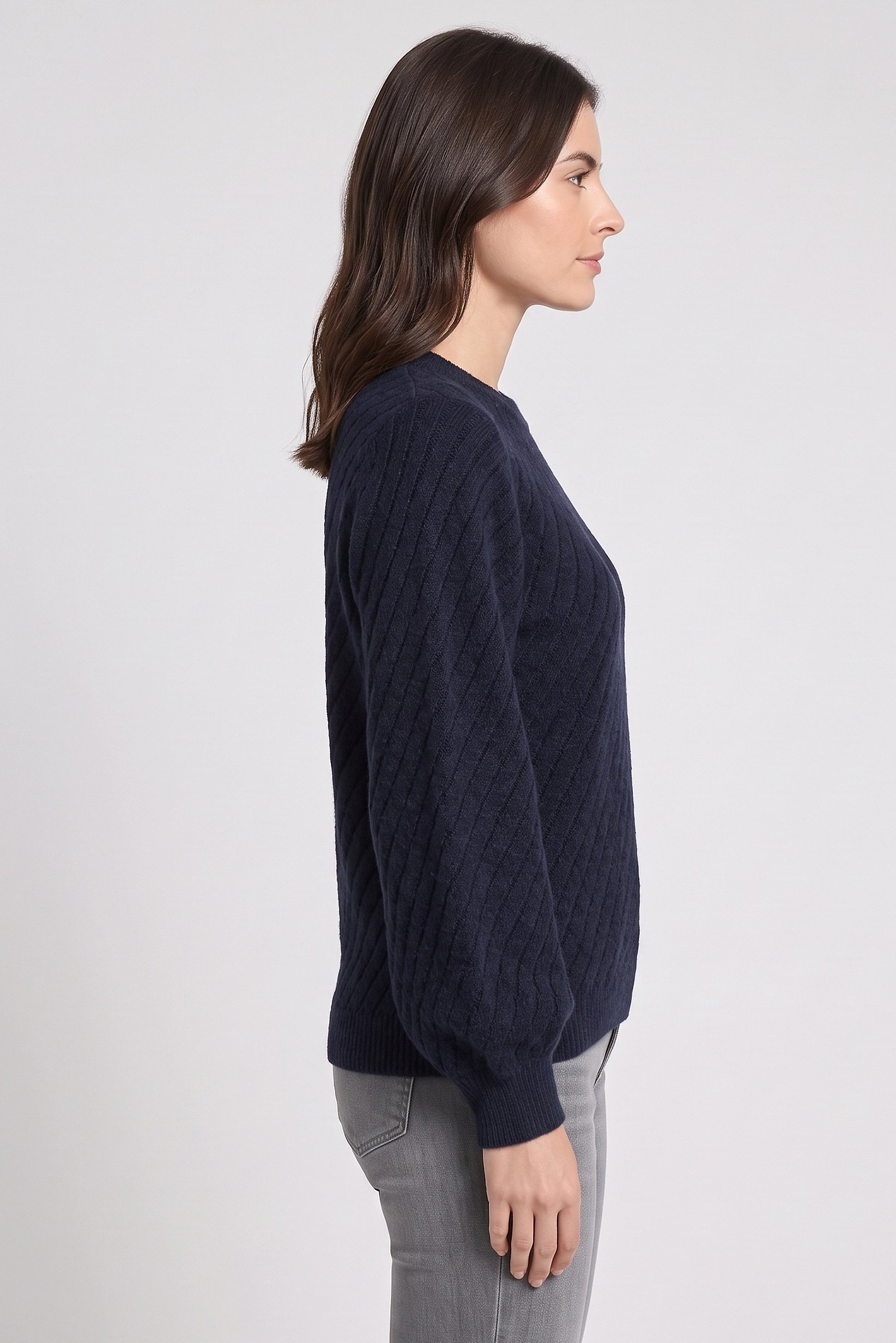 Women Crew Neck Long Sleeve Knitted Sweater, Navy