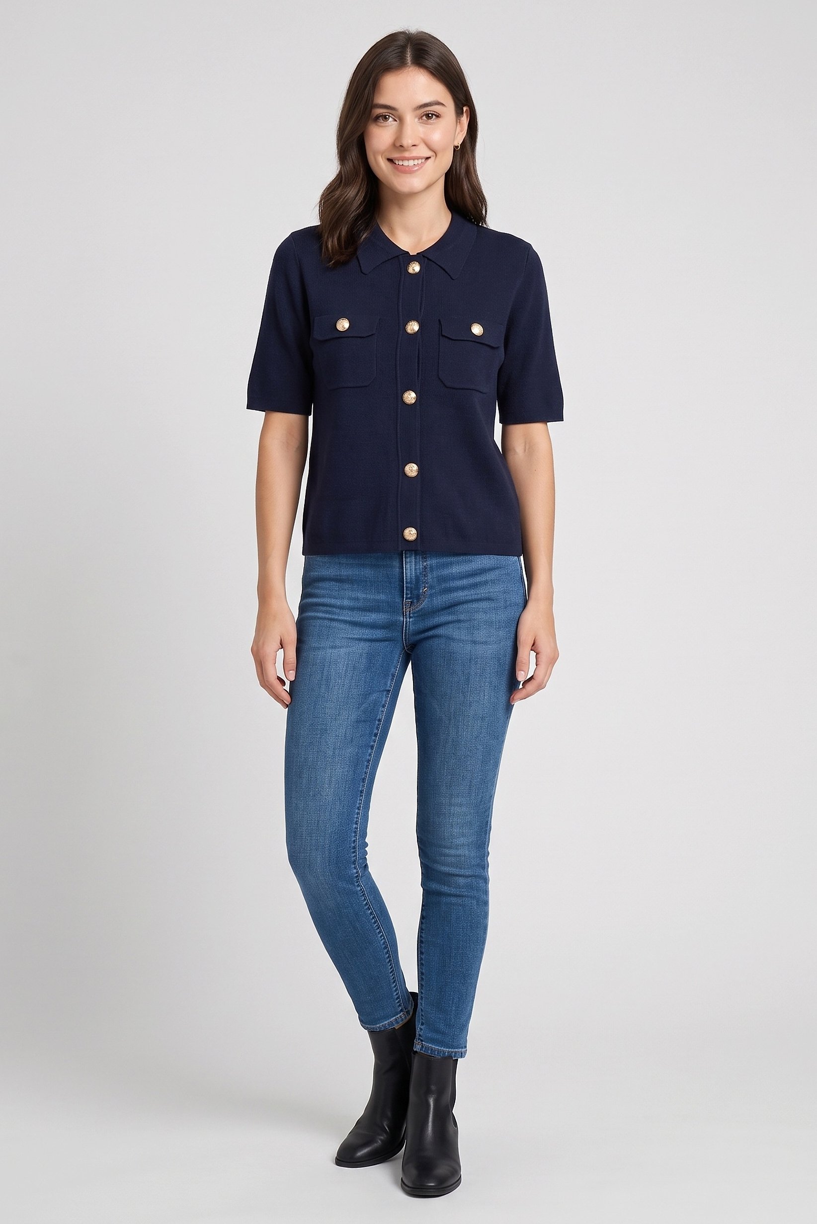 Women Spread Collar Short Sleeve Knitted Top, Dark Navy