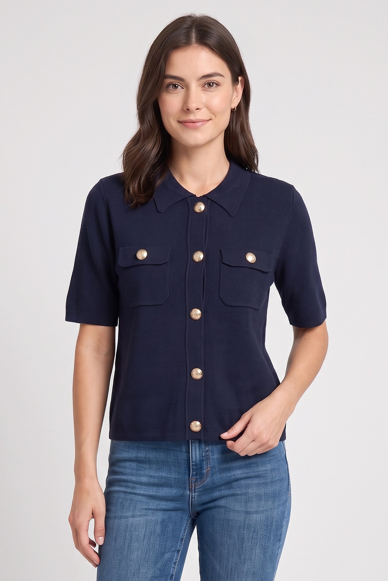 Women Spread Collar Short Sleeve Knitted Top, Dark Navy