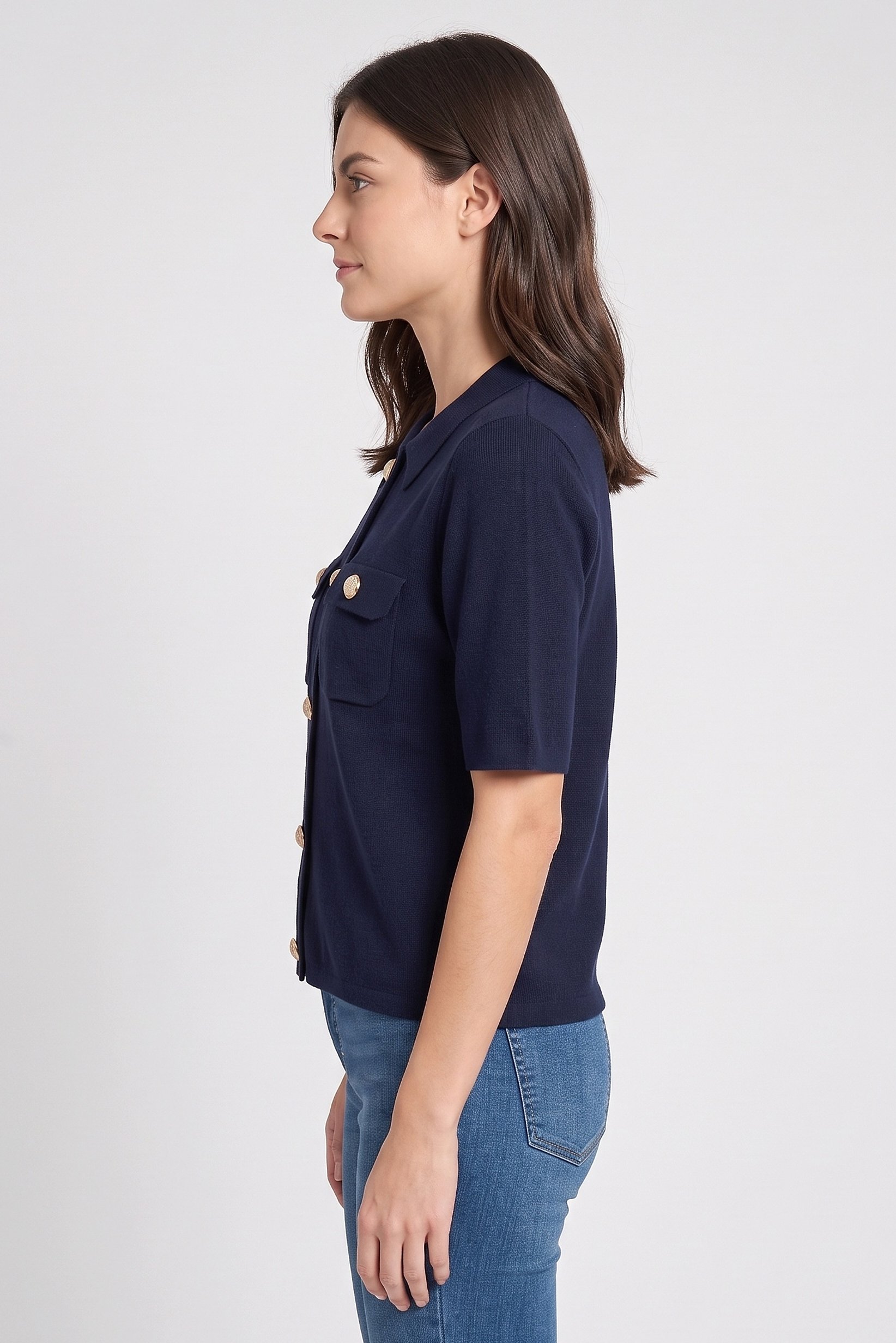 Women Spread Collar Short Sleeve Knitted Top, Dark Navy