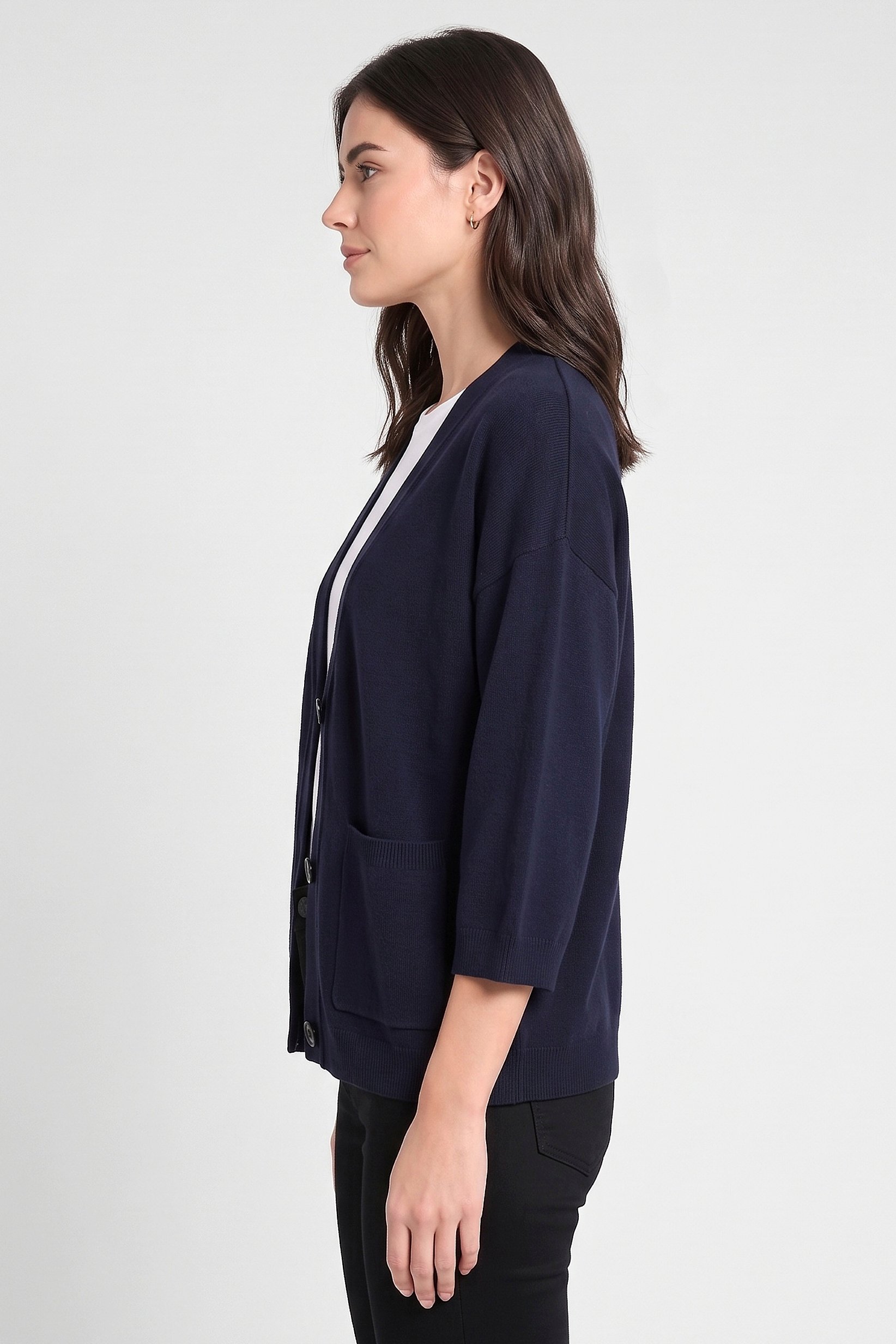 Women V-Neck Textured Cardigan, Navy