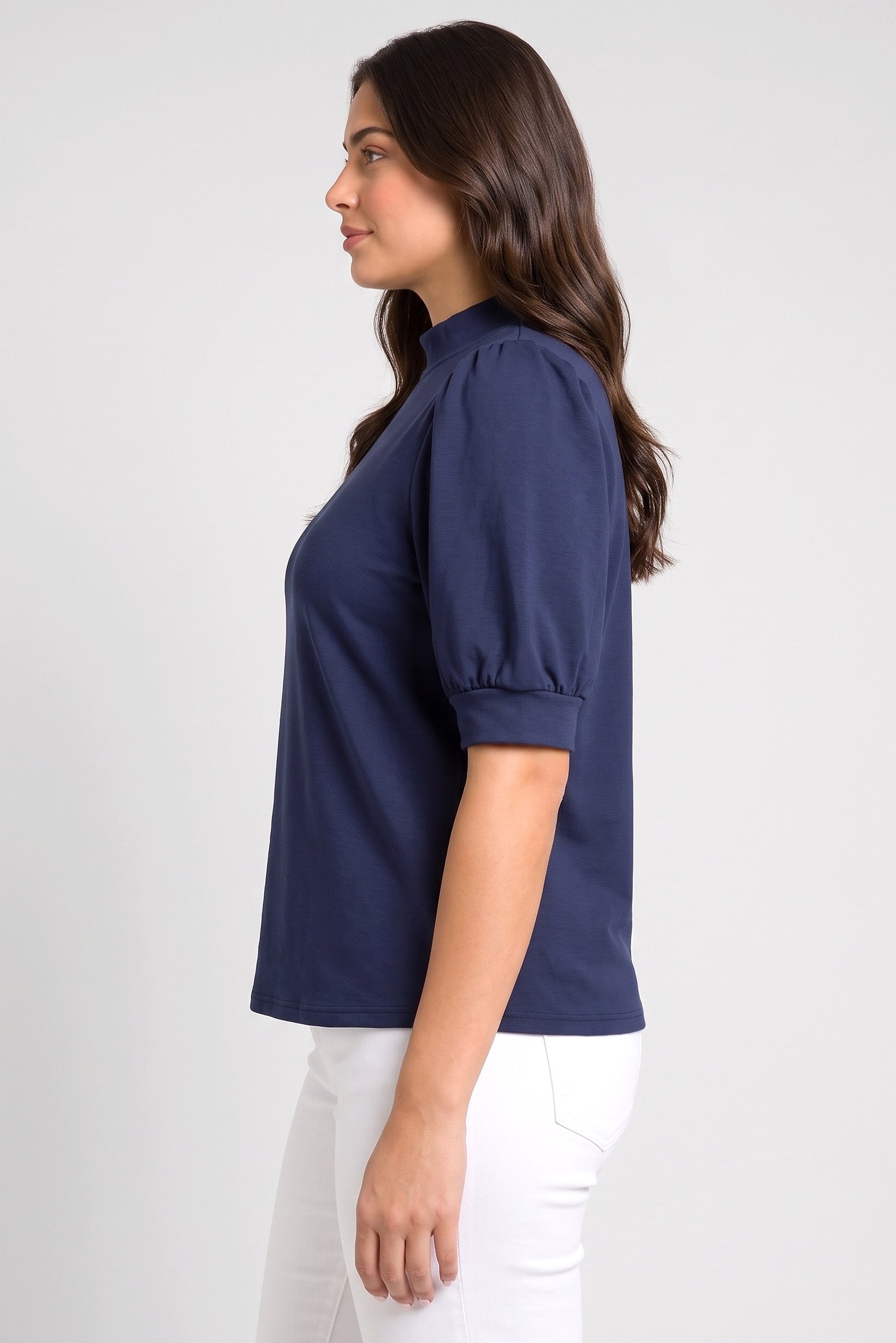 Women Mock Neck Short Sleeve Solid Top, Navy