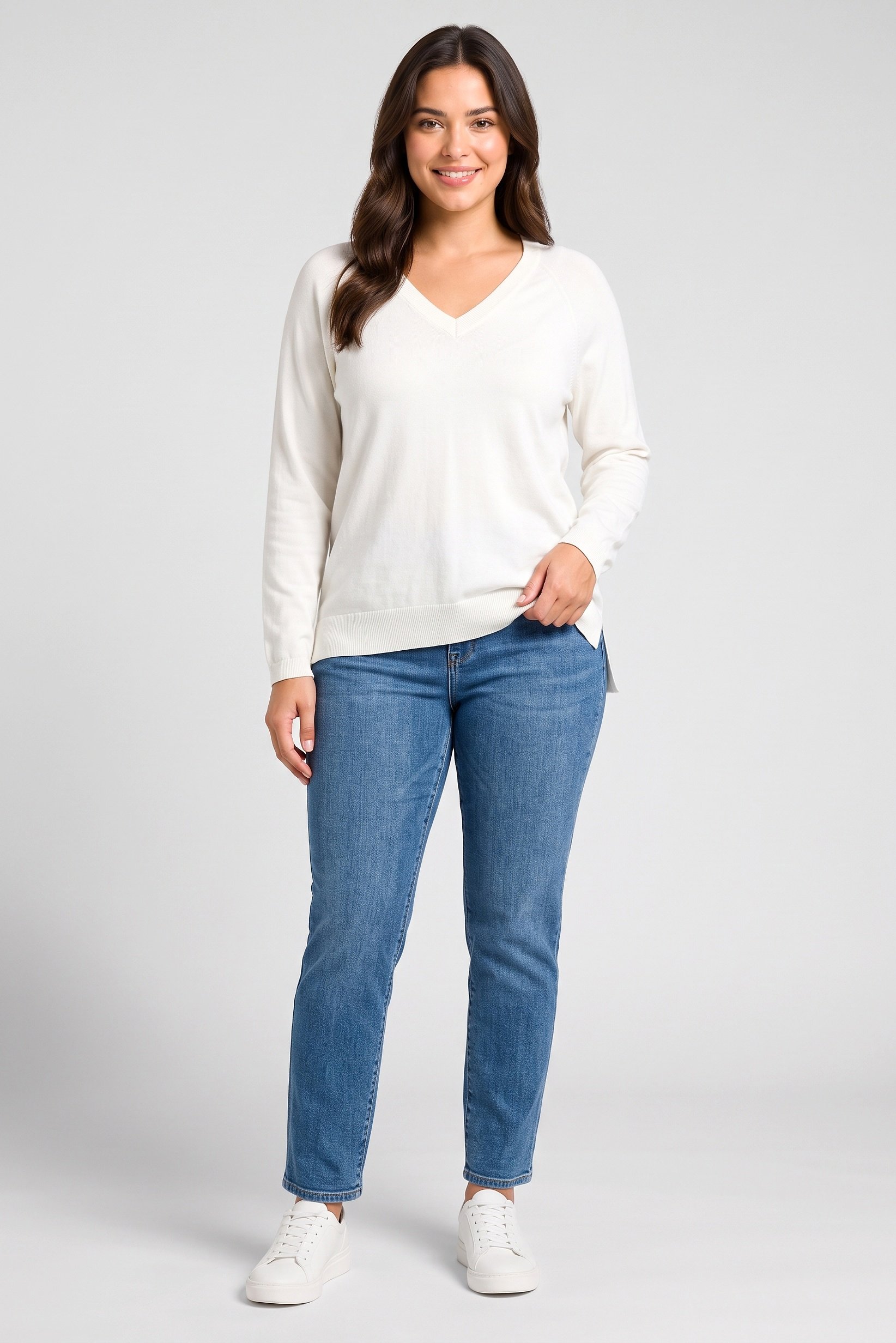 Women V-Neck Plain Sweater, Off White