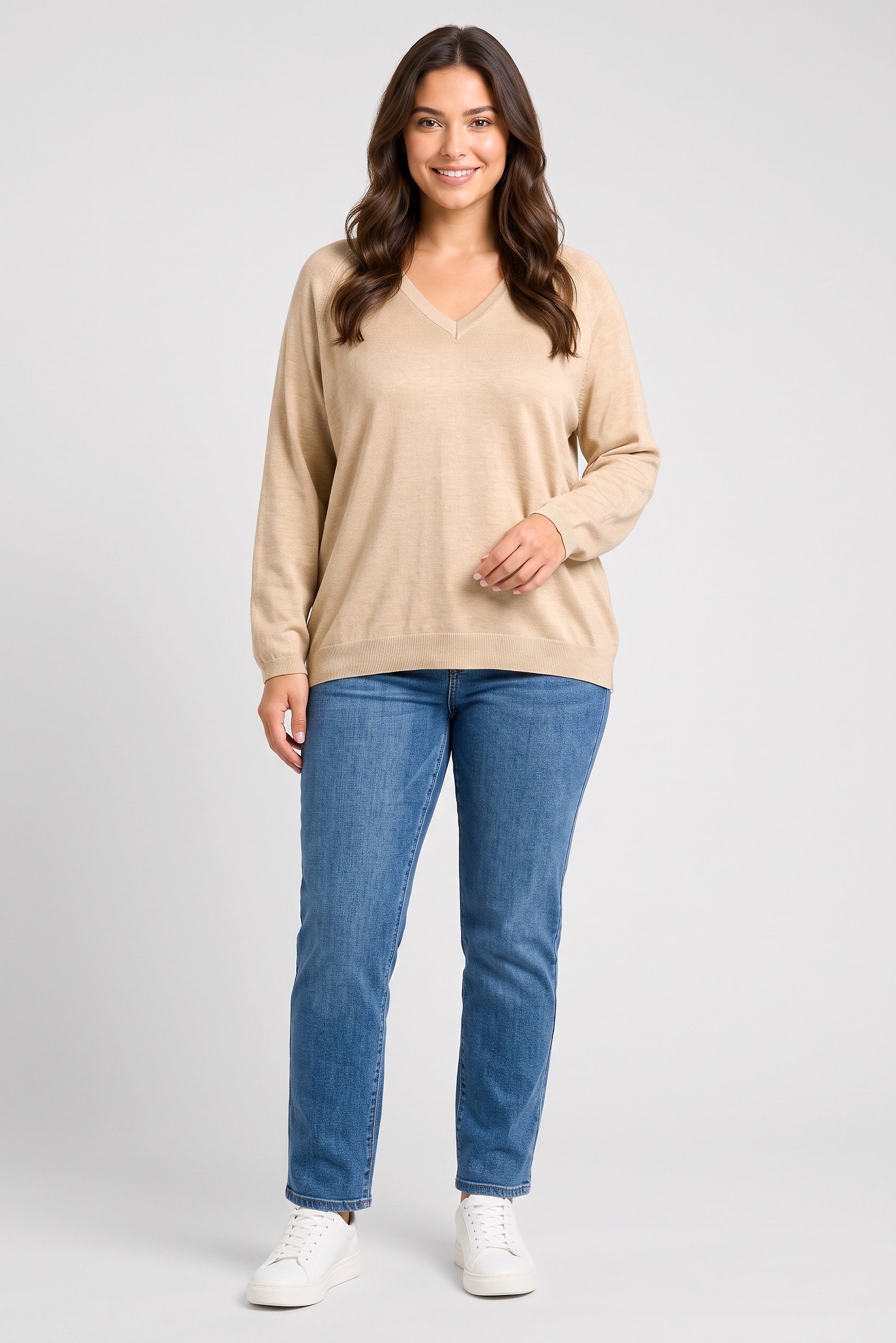 Women V-Neck Textured Sweater, Tan