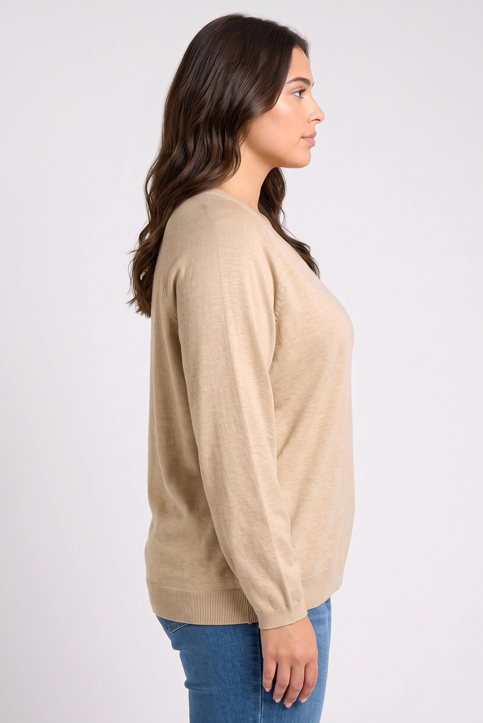 Women V-Neck Textured Sweater, Tan