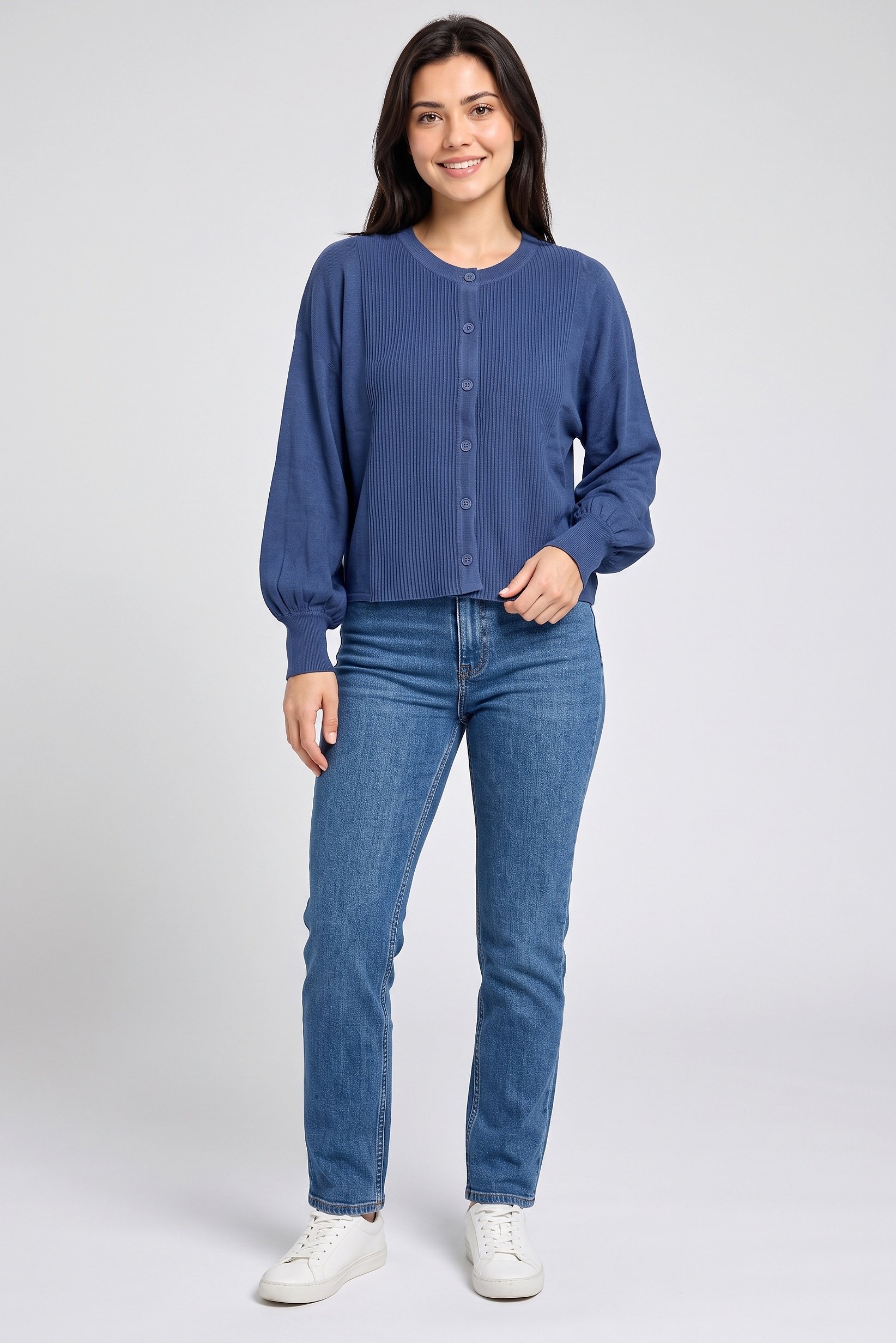 Women Crew-Neck Rib Knit Cardigan, Blue