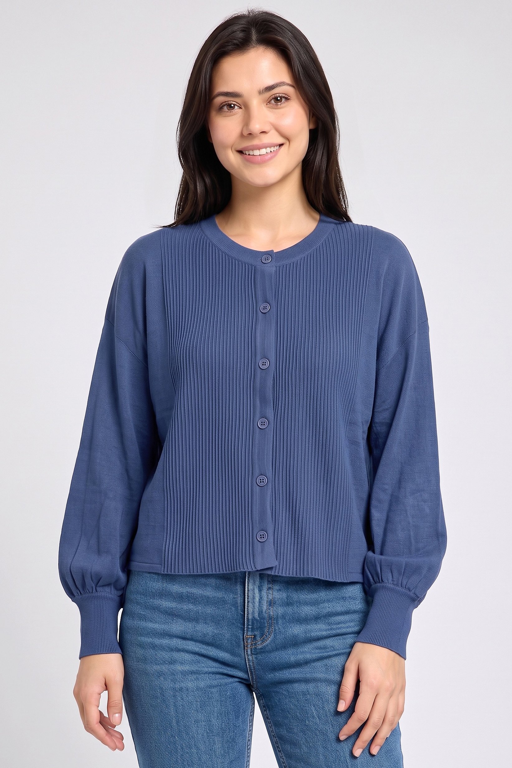 Women Crew-Neck Rib Knit Cardigan, Blue